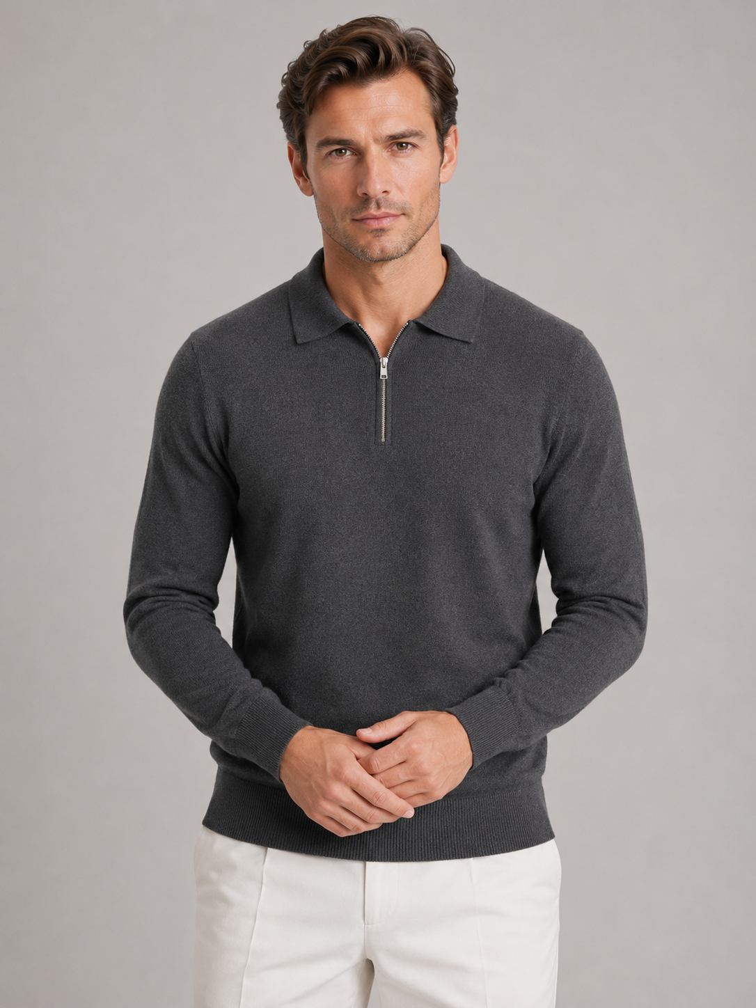 Maglione Uomo Collo Polo Mezza Zip in Maglia Fine