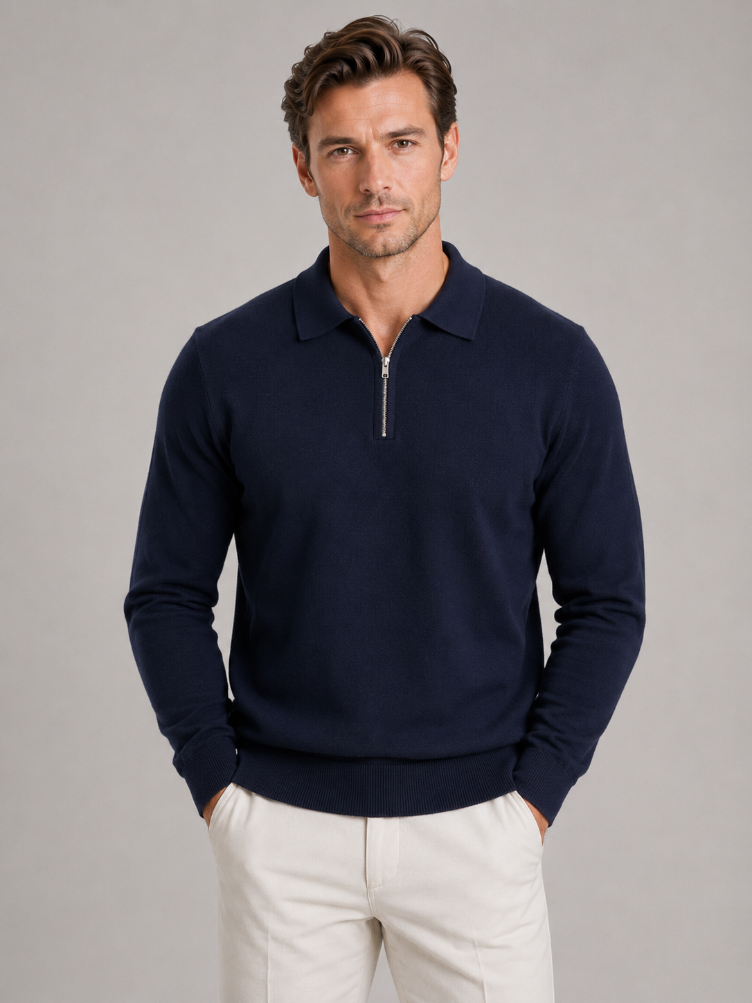 Maglione Uomo Collo Polo Mezza Zip in Maglia Fine