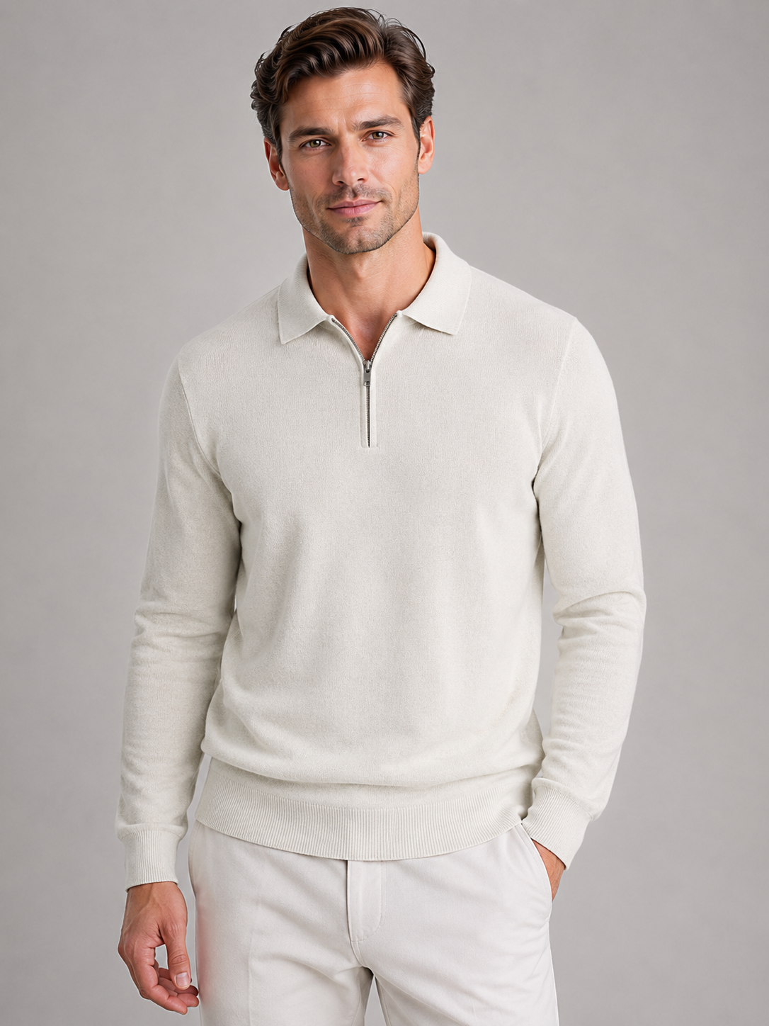 Maglione Uomo Collo Polo Mezza Zip in Maglia Fine