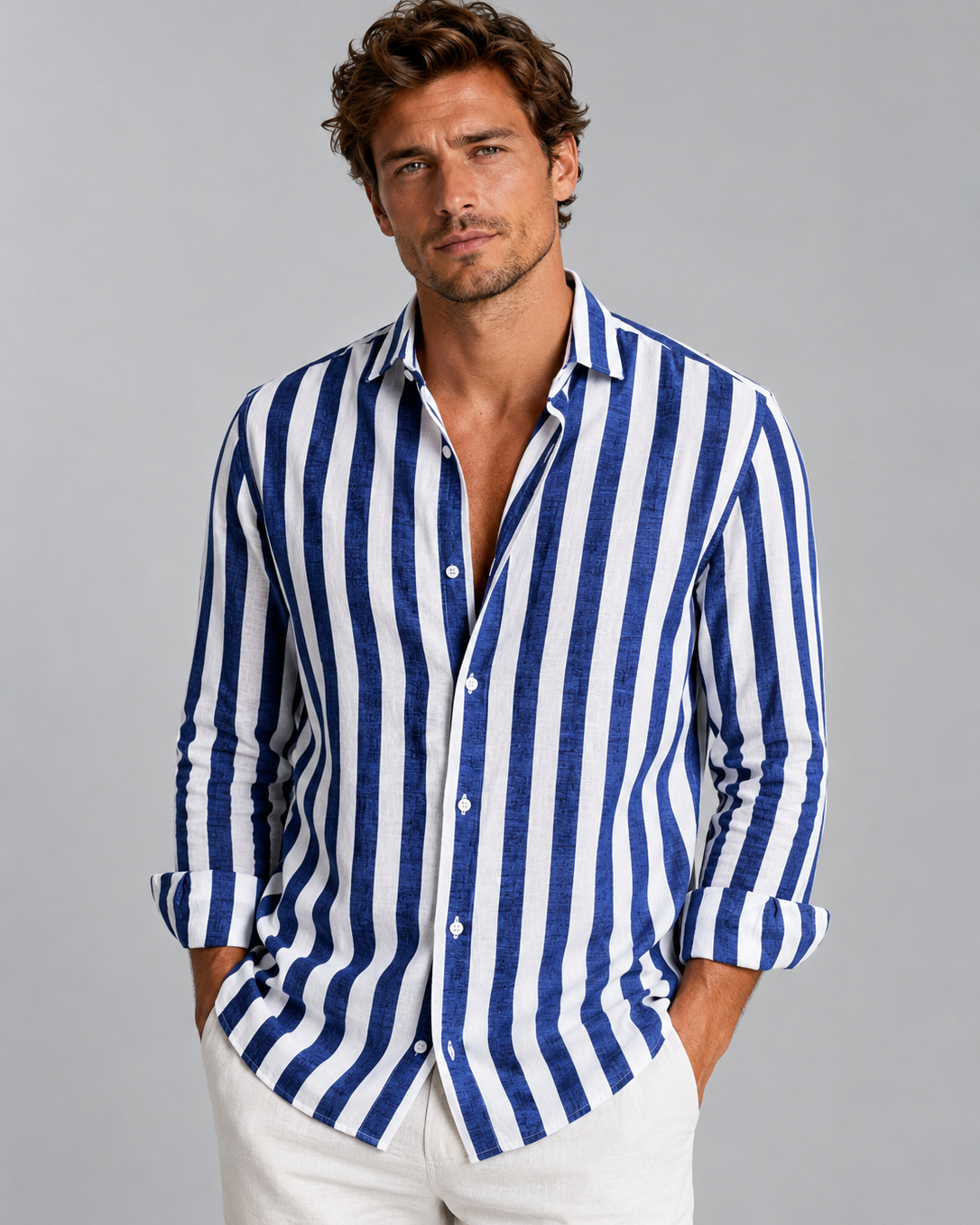 Camicia Uomo a Righe Effetto Lino Estiva Rilassata