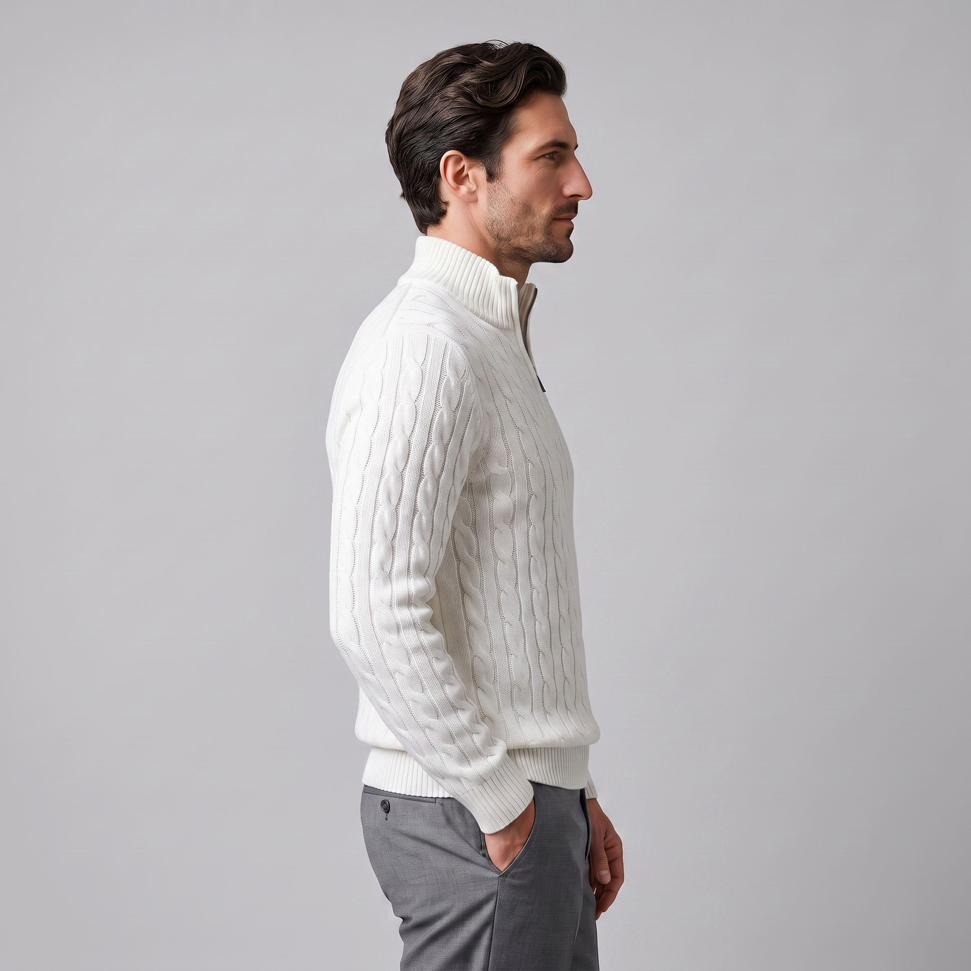 Maglione Uomo Mezza Zip in Maglia a Trecce Collo Alto