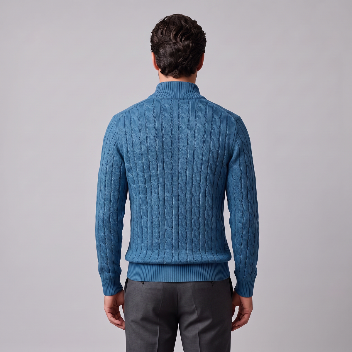 Maglione Uomo Mezza Zip in Maglia a Trecce Collo Alto