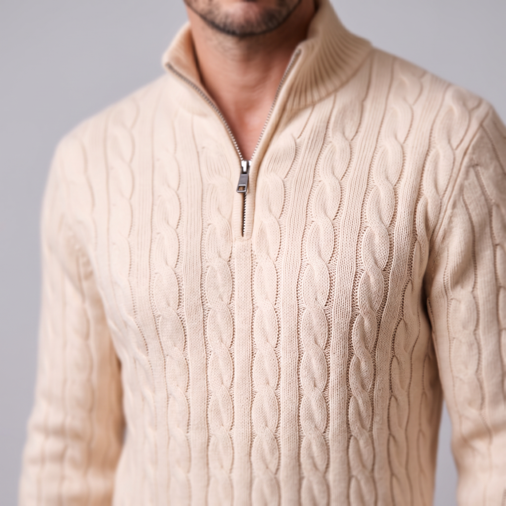 Maglione Uomo Mezza Zip in Maglia a Trecce Collo Alto