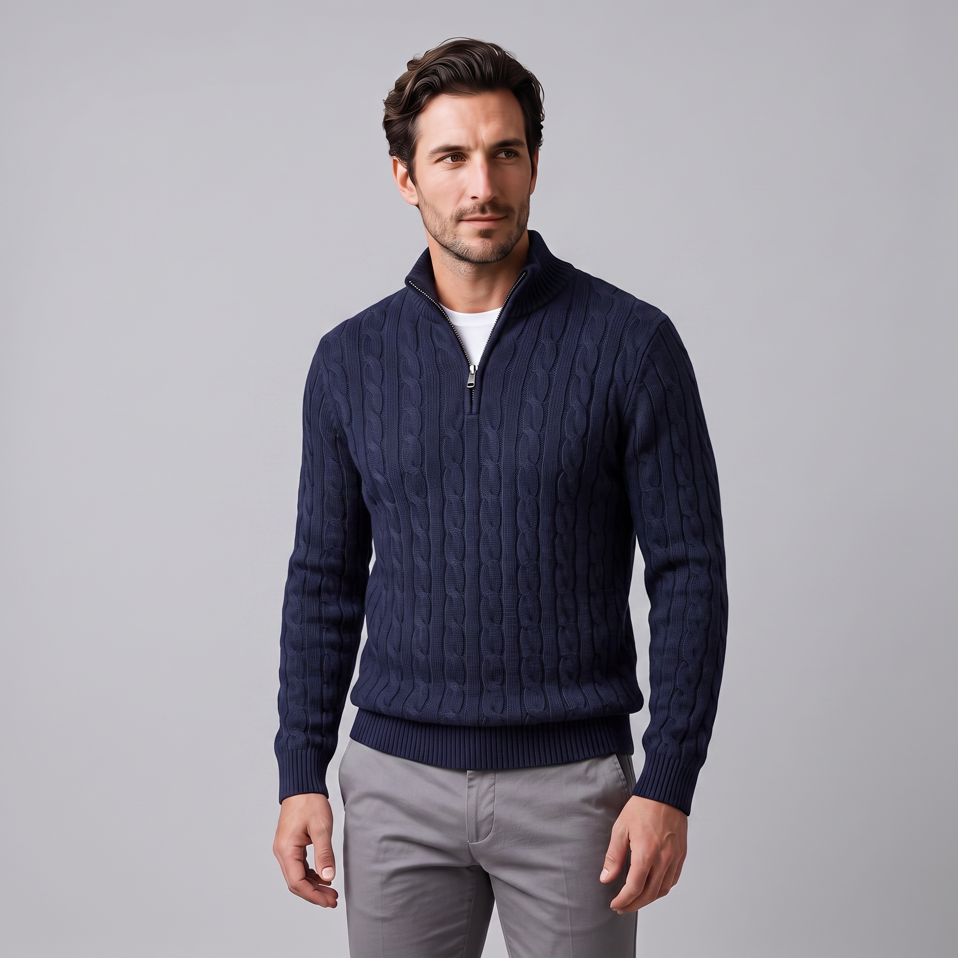 Maglione Uomo Mezza Zip in Maglia a Trecce Collo Alto