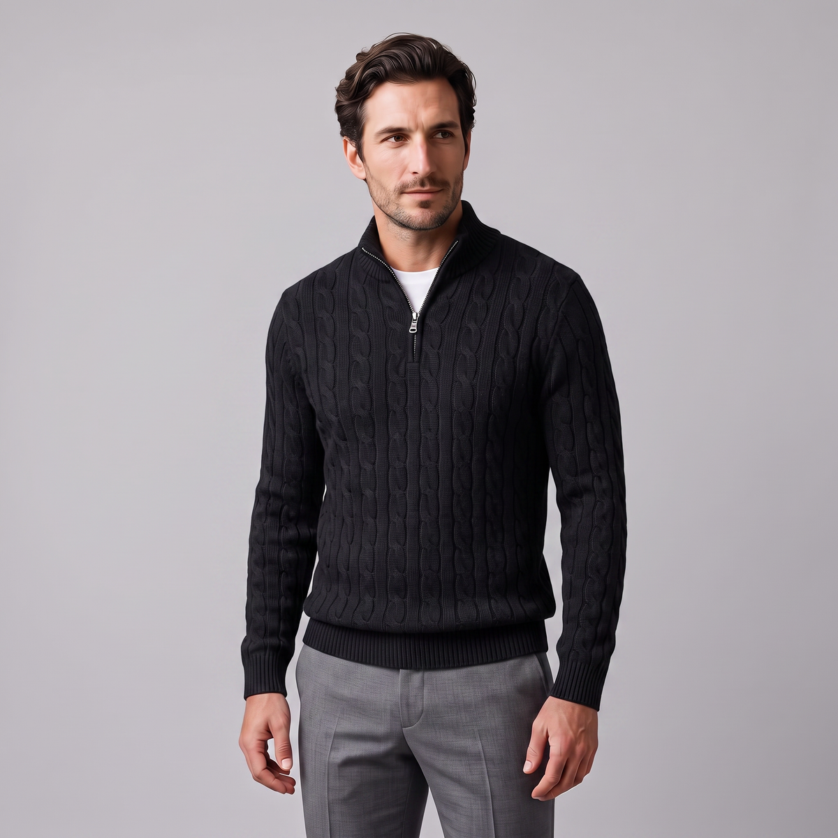 Maglione Uomo Mezza Zip in Maglia a Trecce Collo Alto