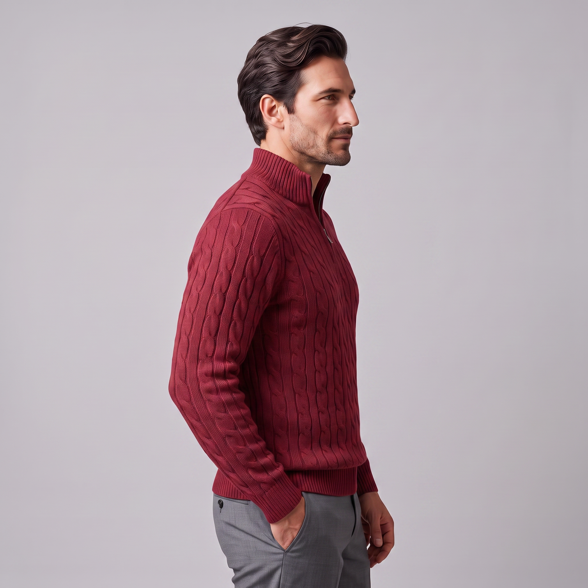 Maglione Uomo Mezza Zip in Maglia a Trecce Collo Alto