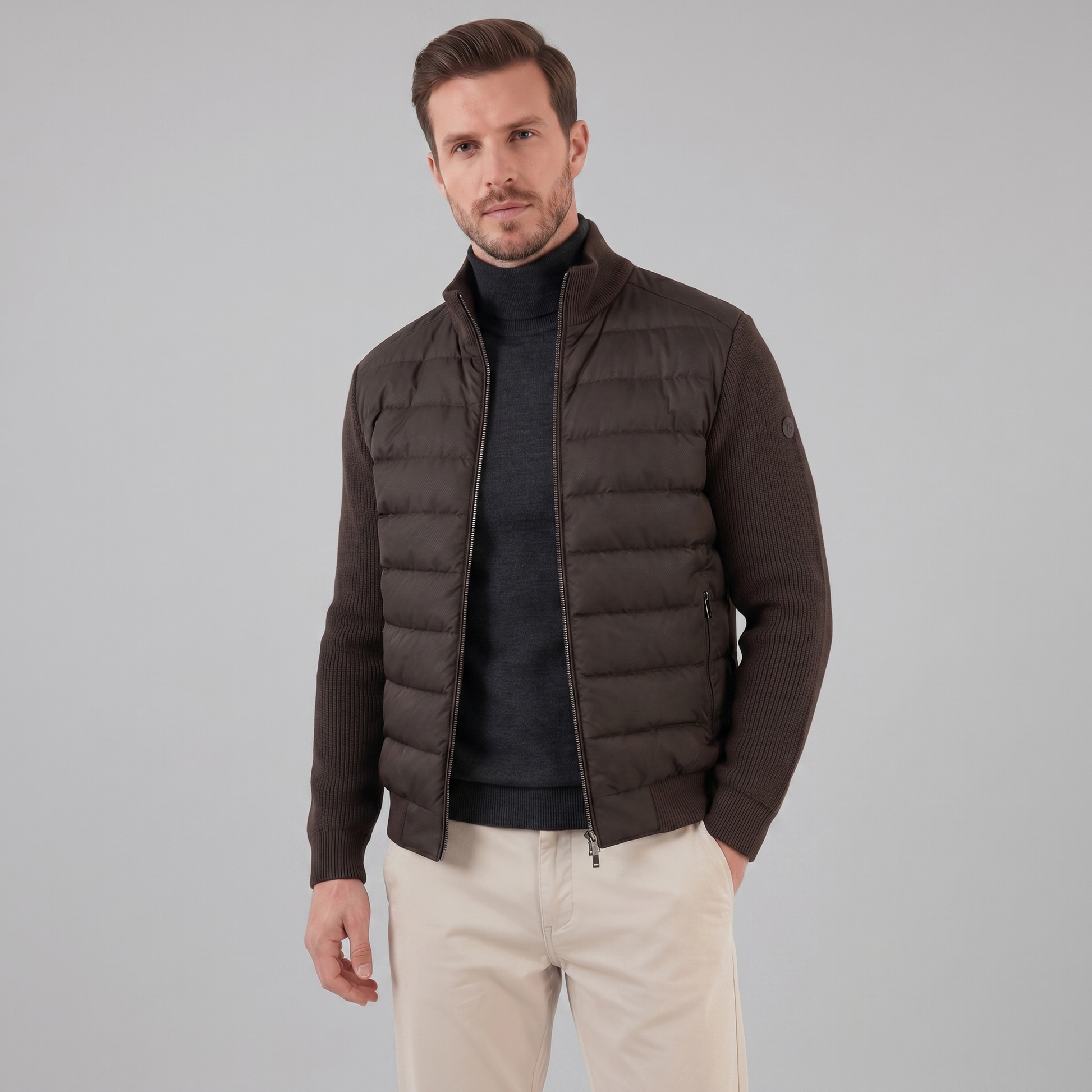 Piumino Uomo con Maniche in Maglia e Collo a Coste