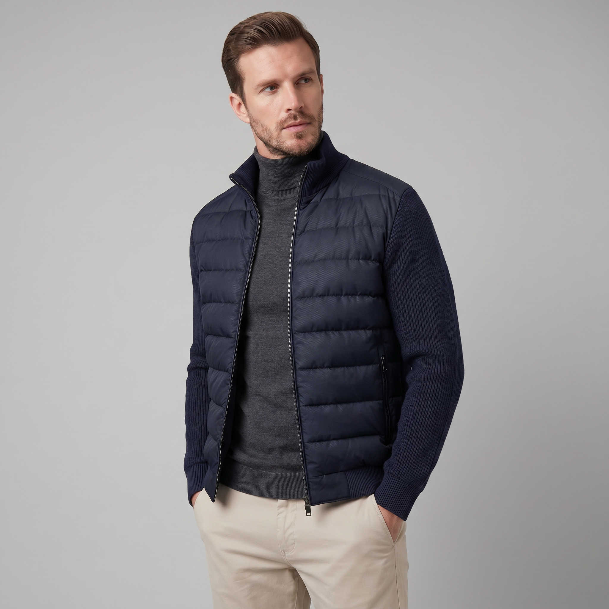 Piumino Uomo con Maniche in Maglia e Collo a Coste