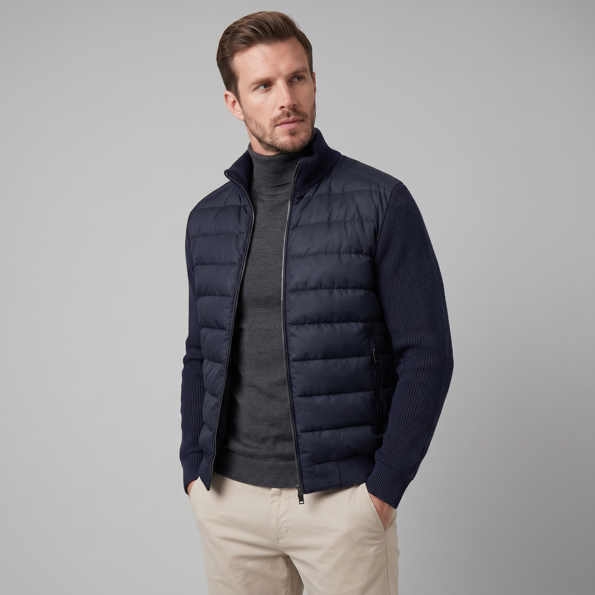 Piumino Uomo con Maniche in Maglia e Collo a Coste