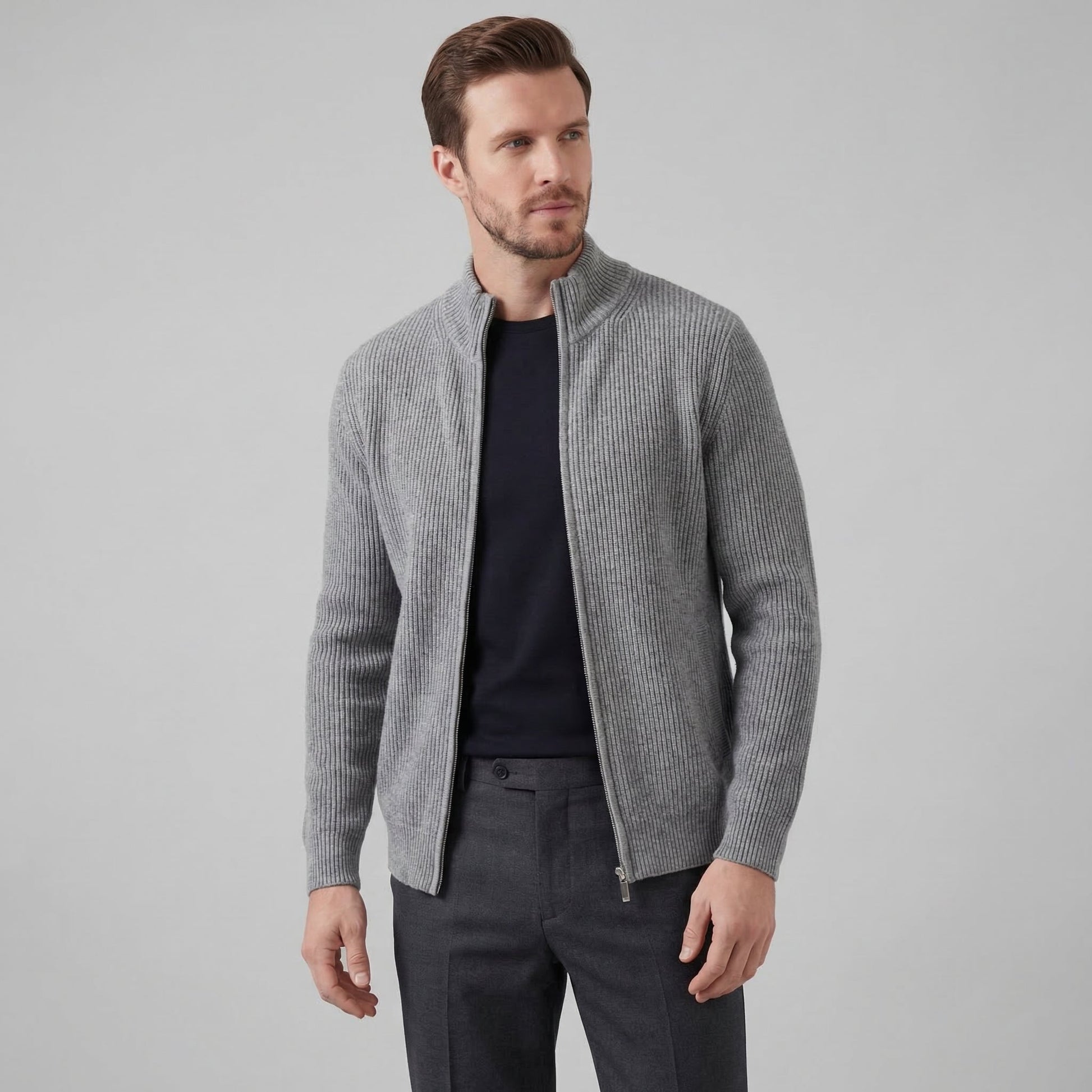 Cardigan Uomo in Maglia a Coste con Zip Classico