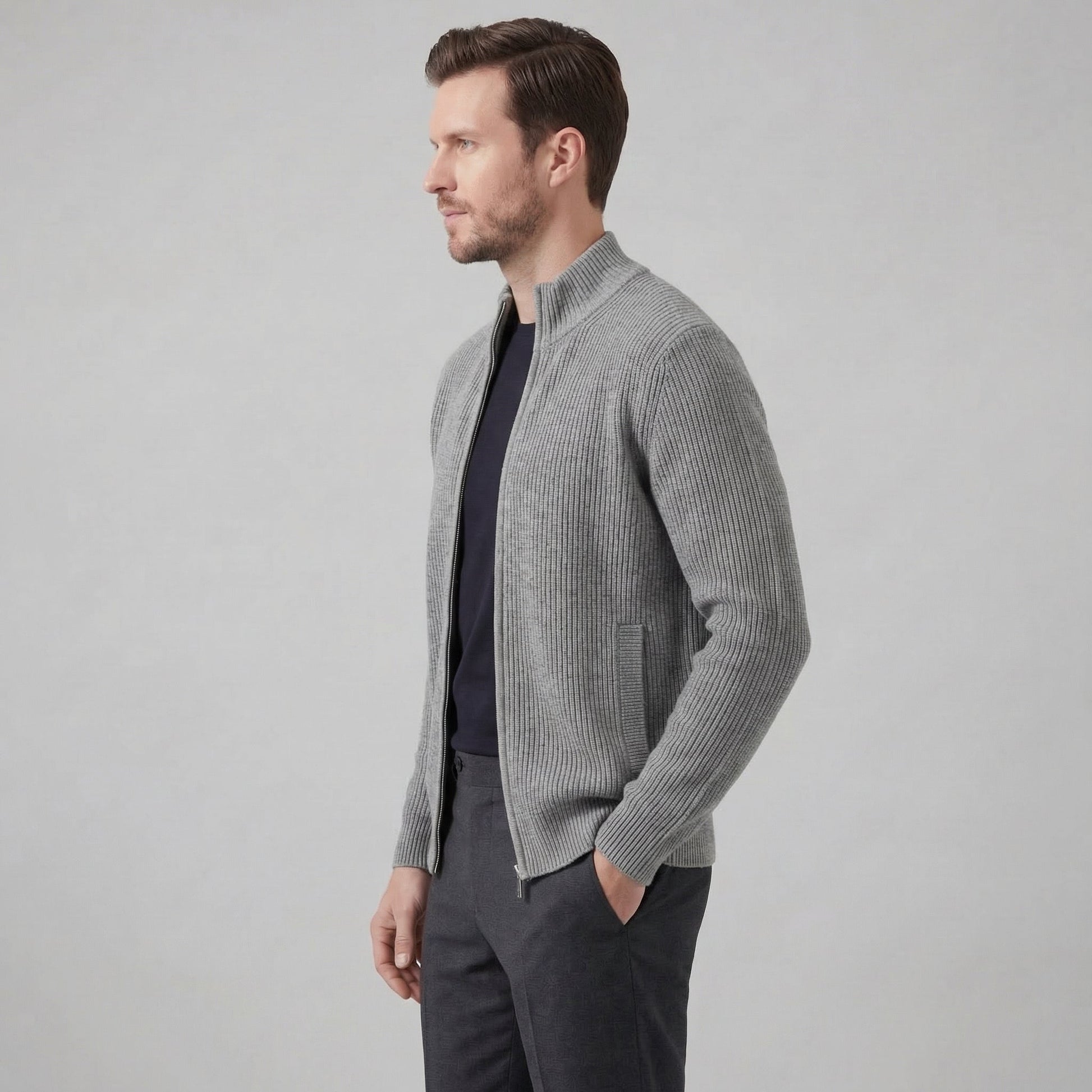 Cardigan Uomo in Maglia a Coste con Zip Classico