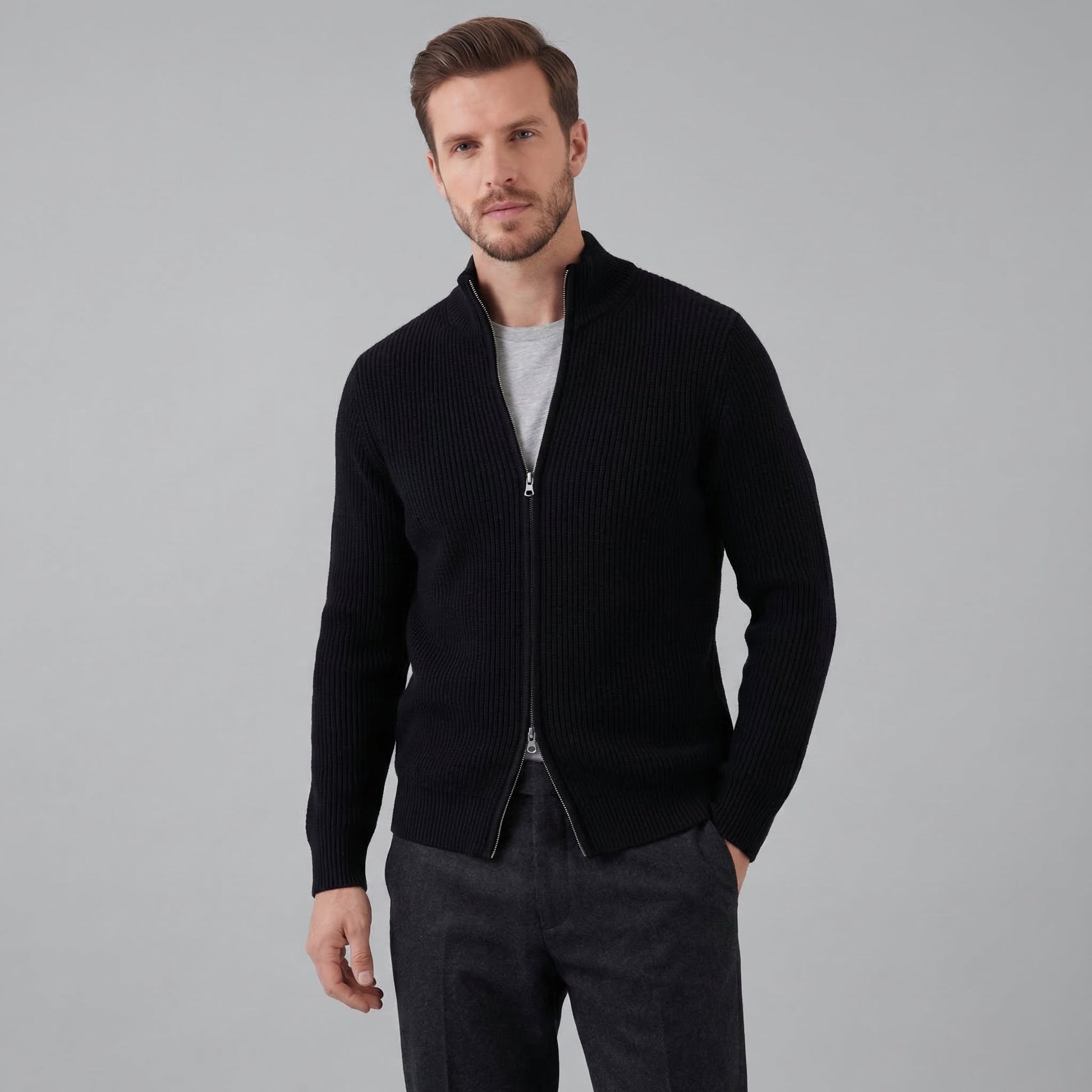 Cardigan Uomo in Maglia a Coste con Zip Classico