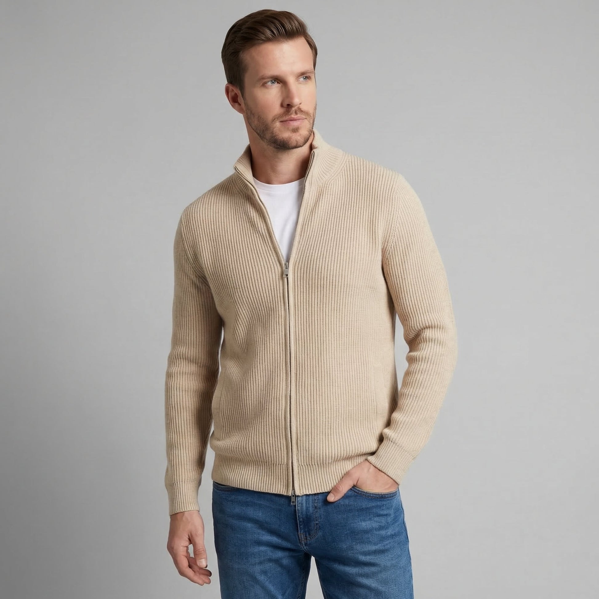 Cardigan Uomo in Maglia a Coste con Zip Classico