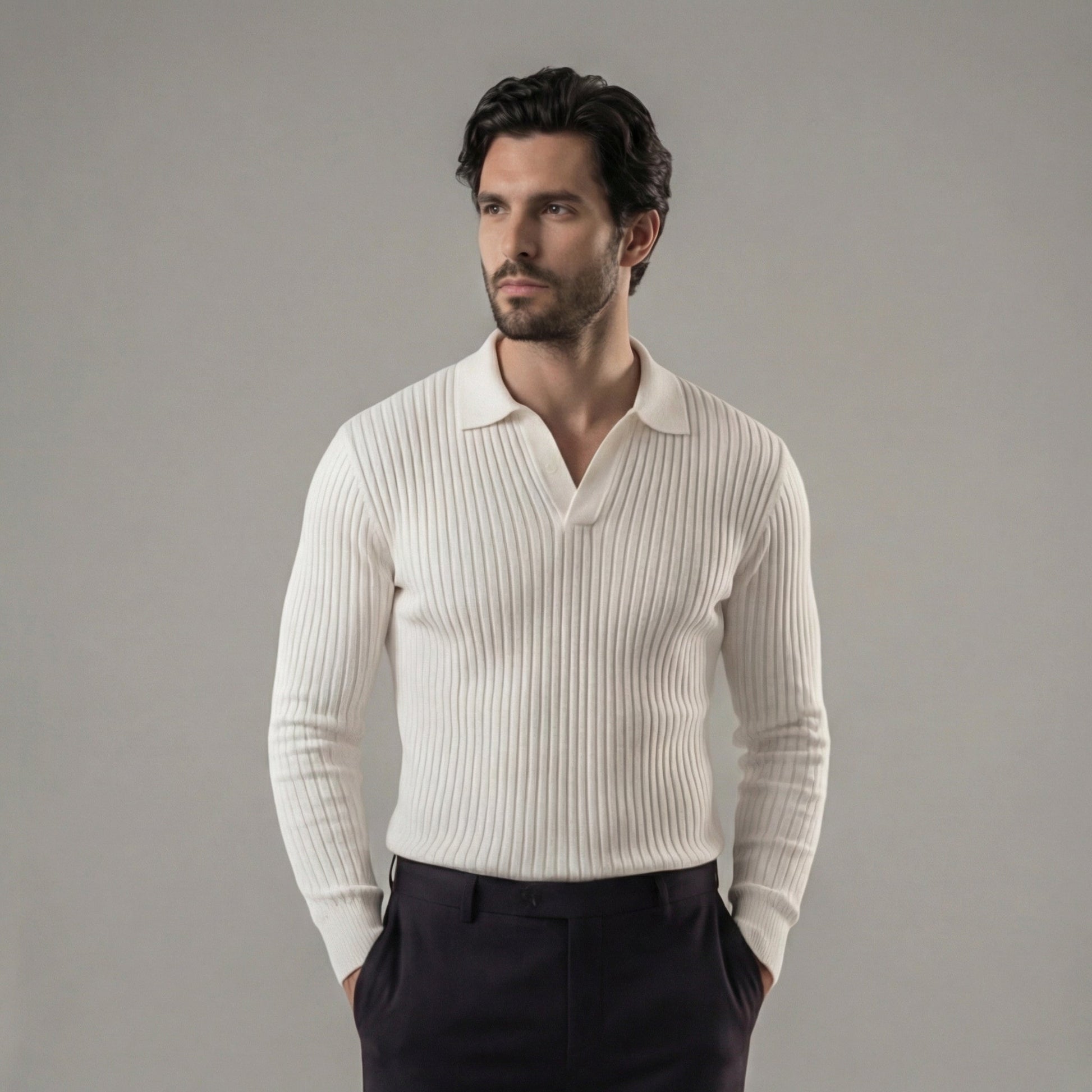 Polo Uomo Maniche Lunghe Scollo a V Leggera