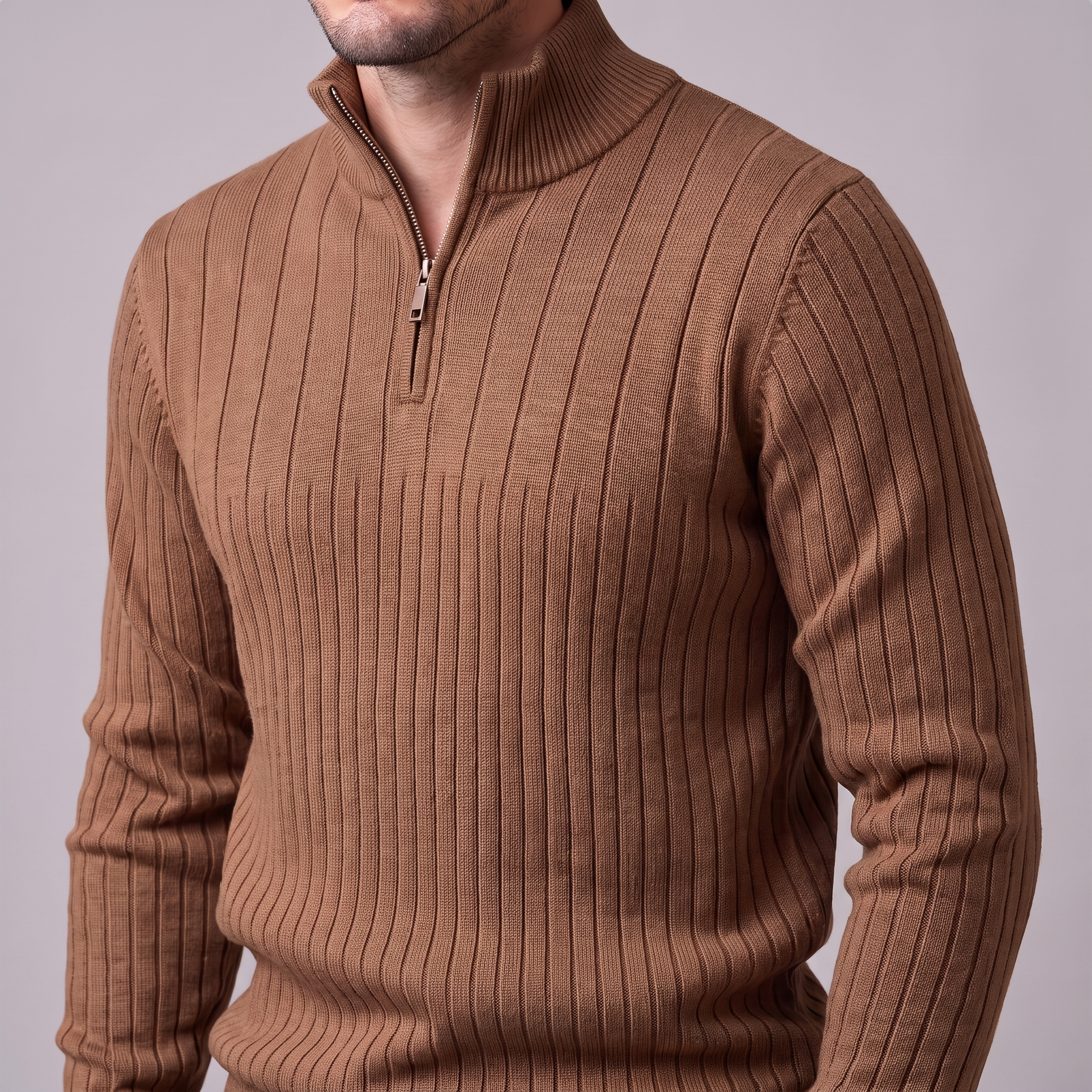 Maglione Uomo Mezza Zip in Cotone a Coste Zip Oro