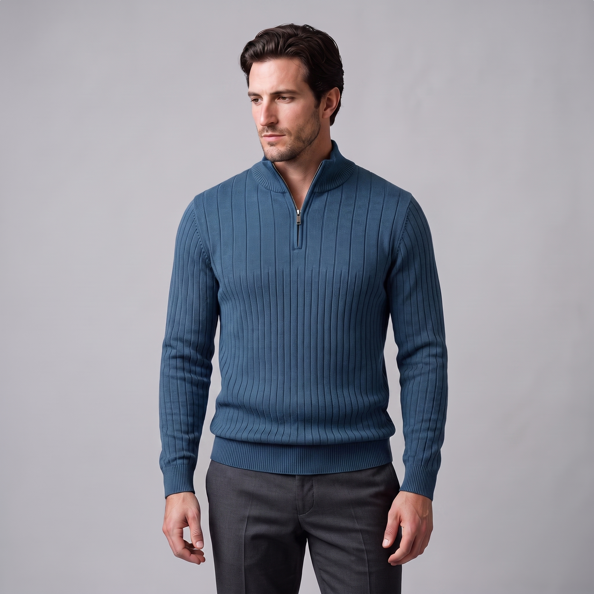 Maglione Uomo Mezza Zip in Cotone a Coste Zip Oro