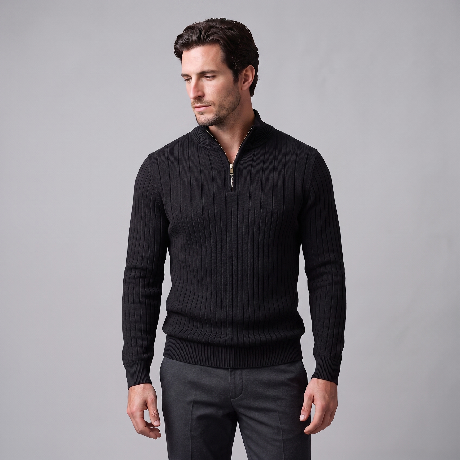 Maglione Uomo Mezza Zip in Cotone a Coste Zip Oro