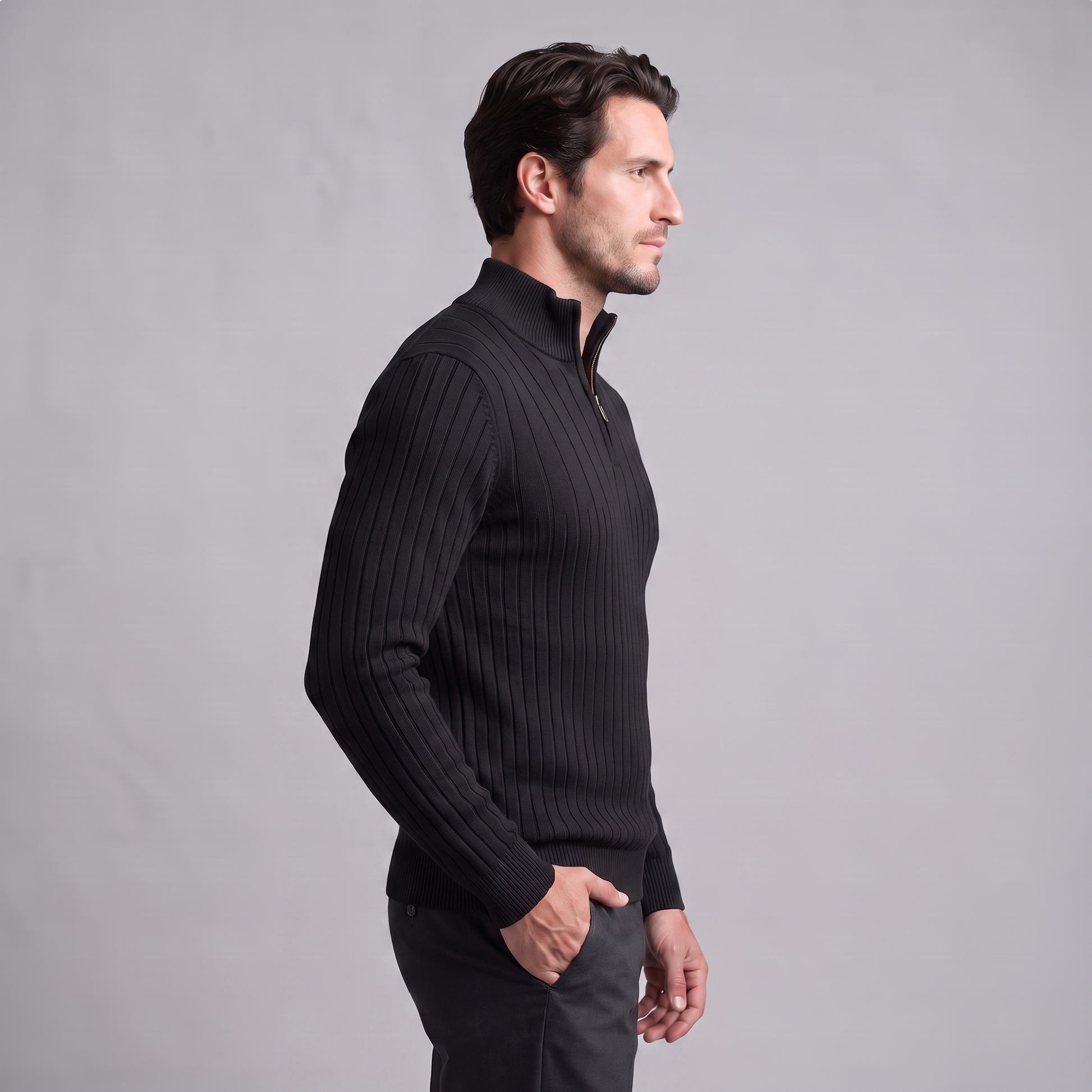 Maglione Uomo Mezza Zip in Cotone a Coste Zip Oro