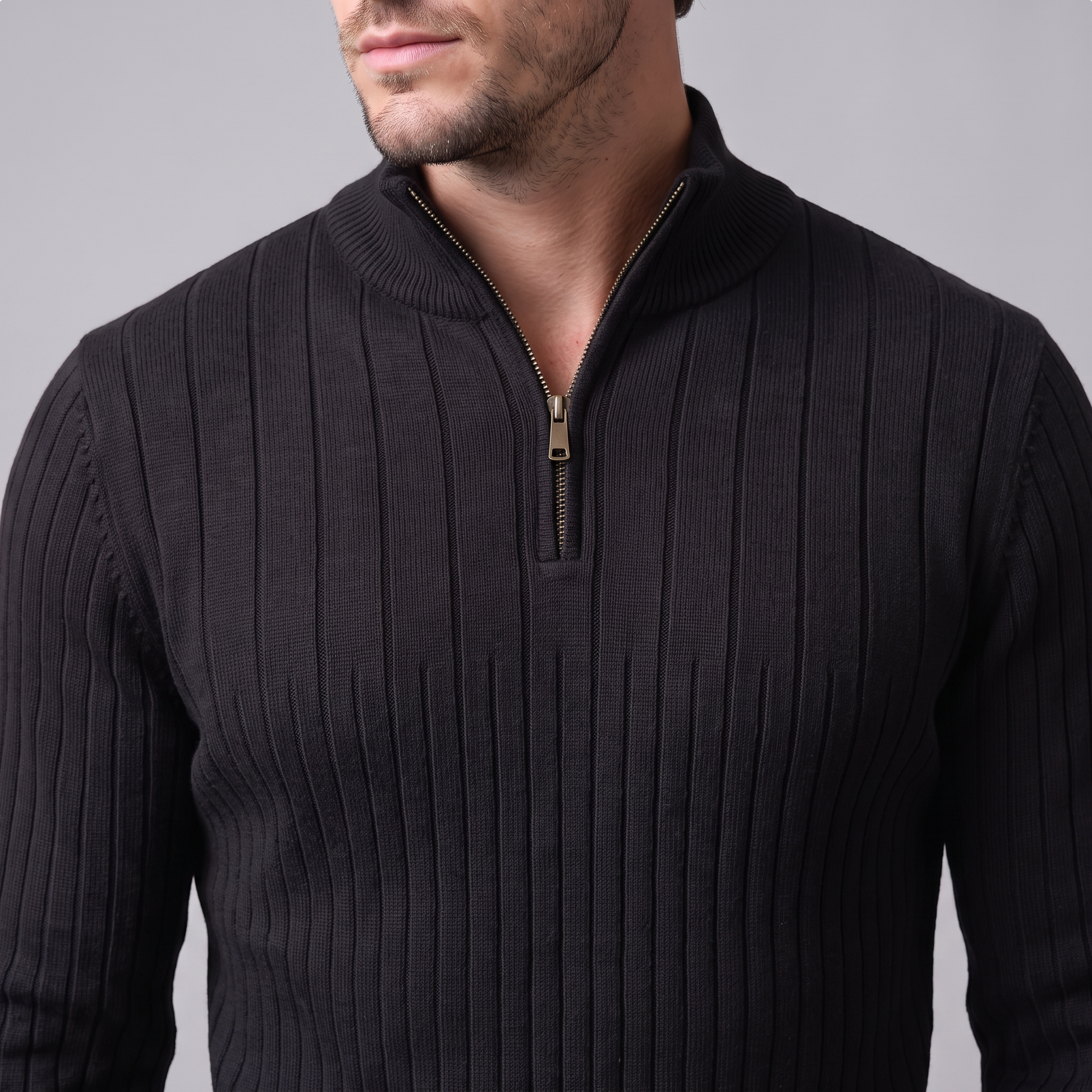Maglione Uomo Mezza Zip in Cotone a Coste Zip Oro