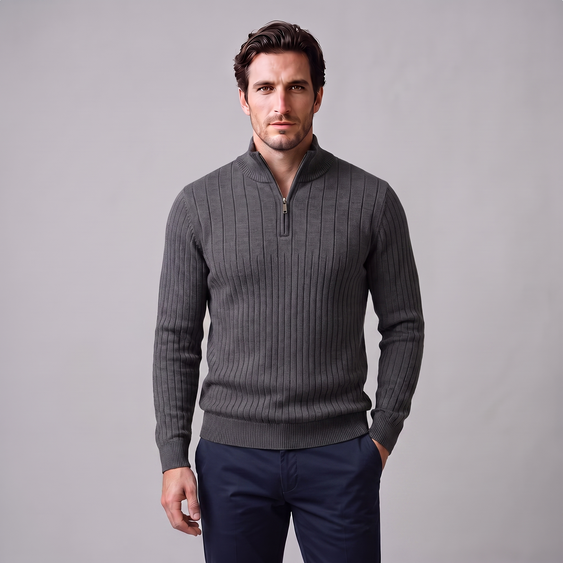 Maglione Uomo Mezza Zip in Cotone a Coste Zip Oro