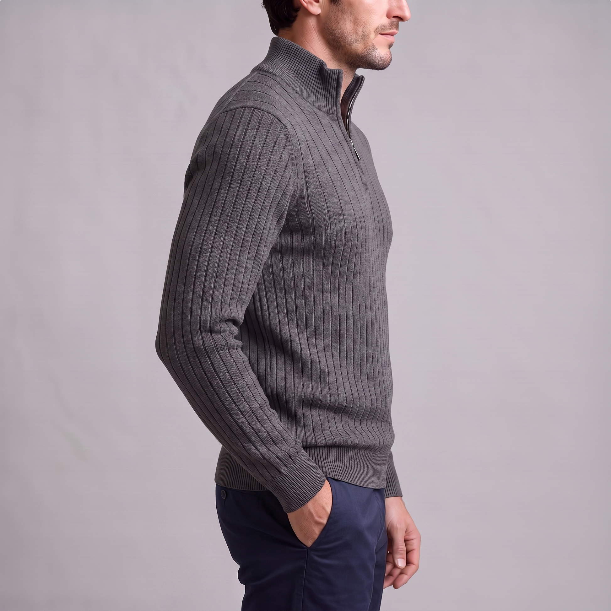 Maglione Uomo Mezza Zip in Cotone a Coste Zip Oro