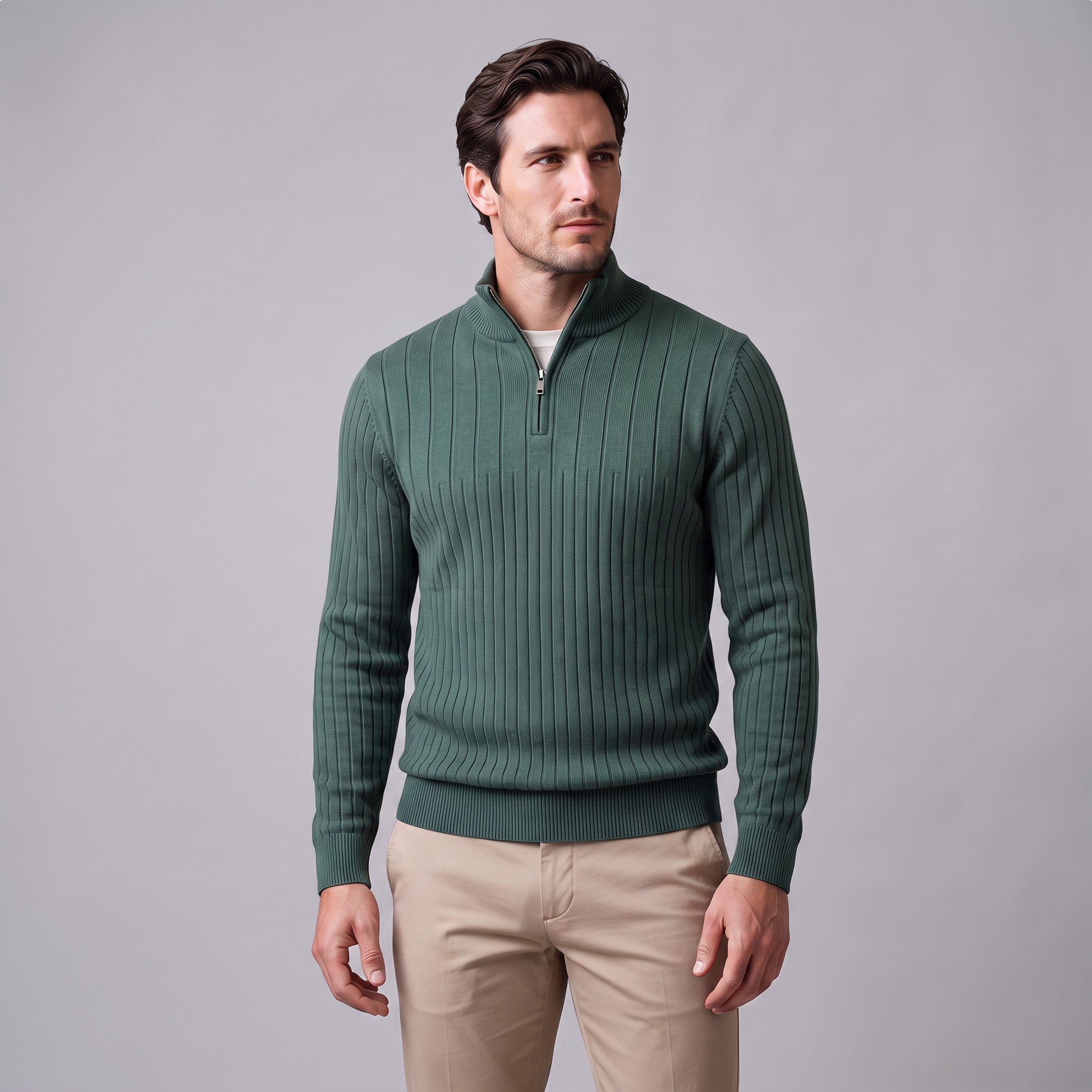 Maglione Uomo Mezza Zip in Cotone a Coste Zip Oro