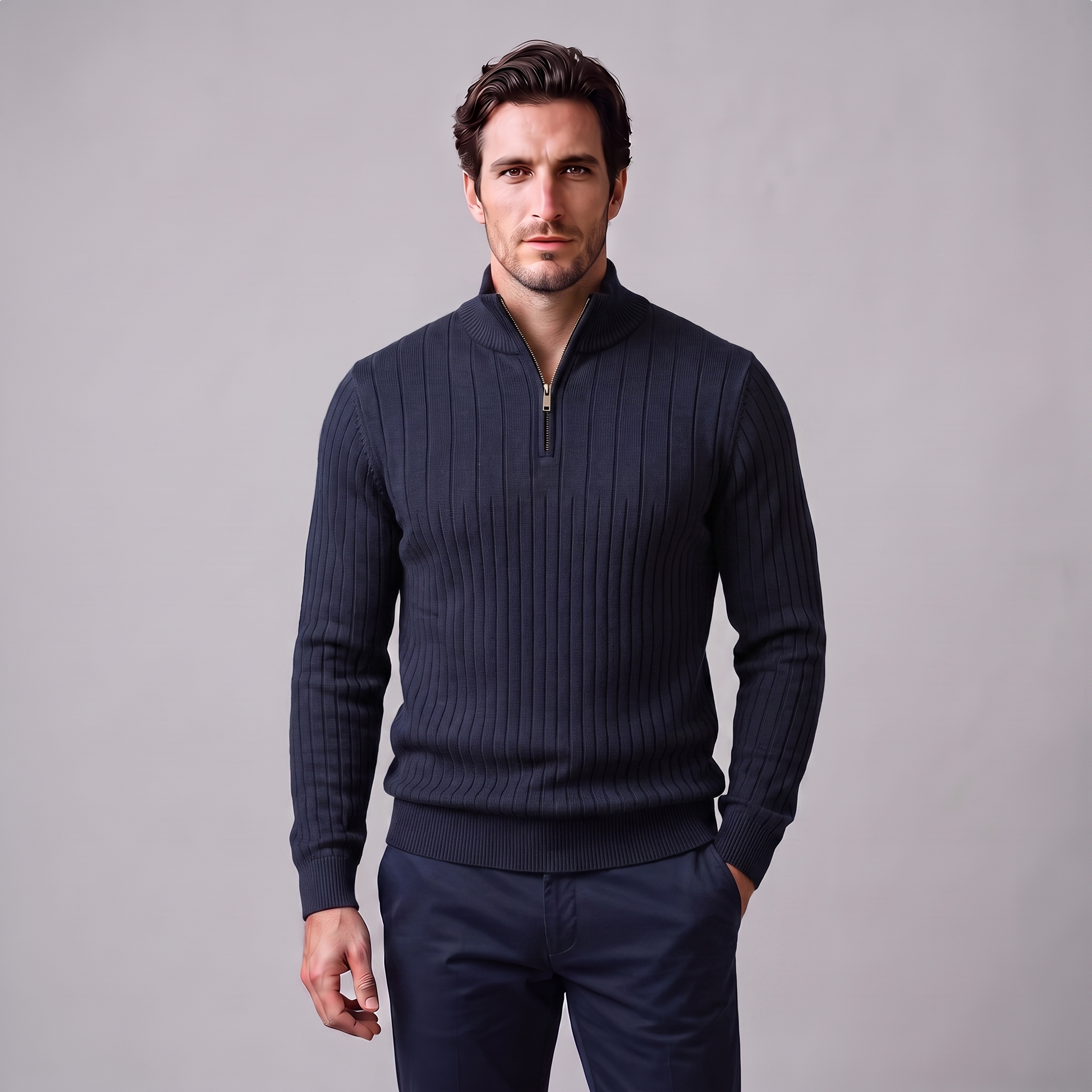 Maglione Uomo Mezza Zip in Cotone a Coste Zip Oro