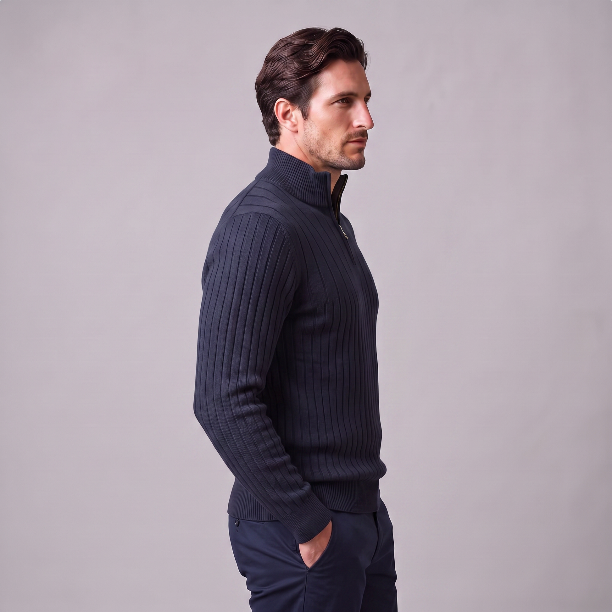 Maglione Uomo Mezza Zip in Cotone a Coste Zip Oro