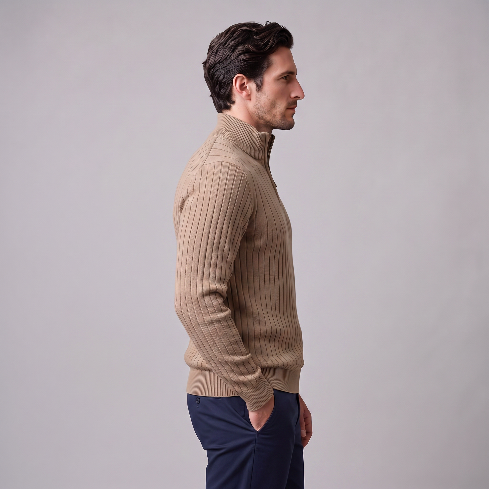 Maglione Uomo Mezza Zip in Cotone a Coste Zip Oro