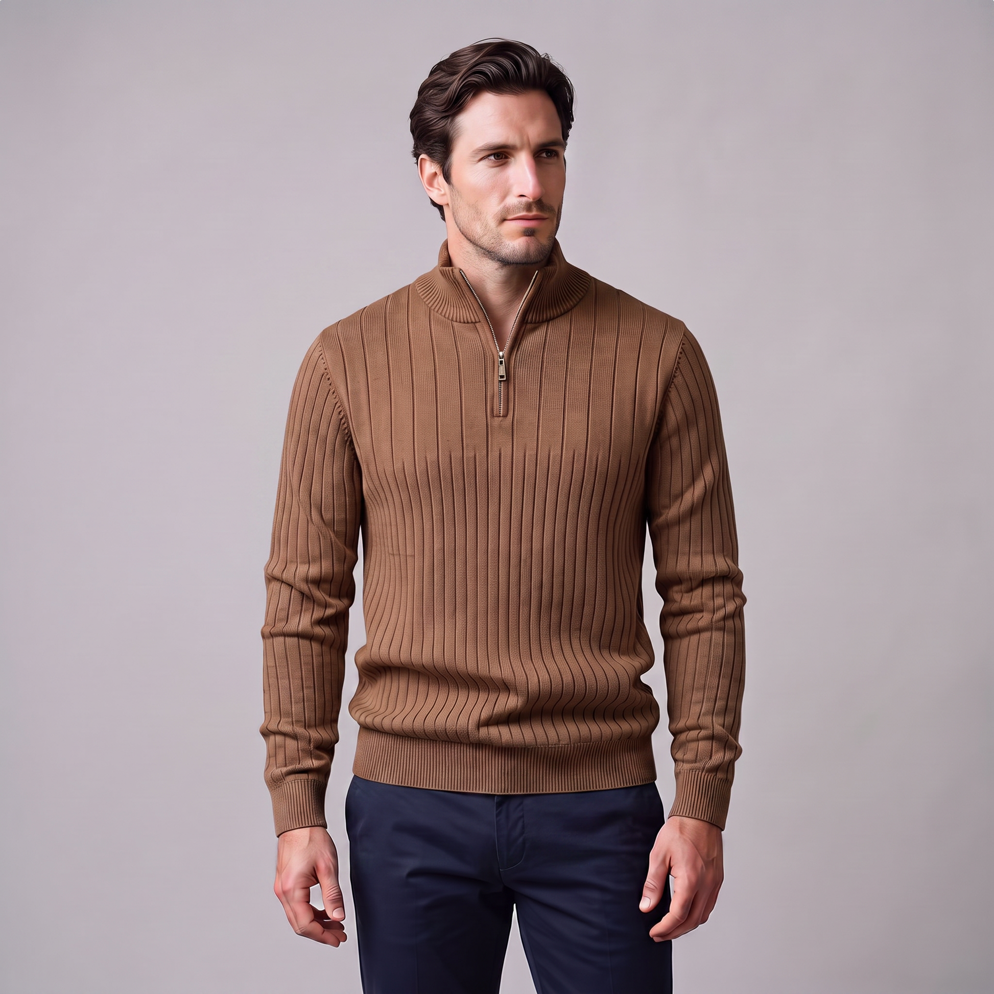 Maglione Uomo Mezza Zip in Cotone a Coste Zip Oro