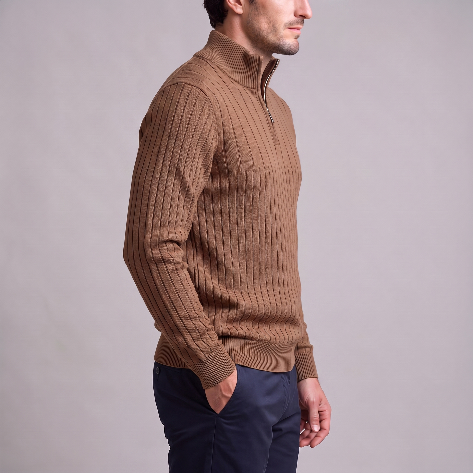 Maglione Uomo Mezza Zip in Cotone a Coste Zip Oro