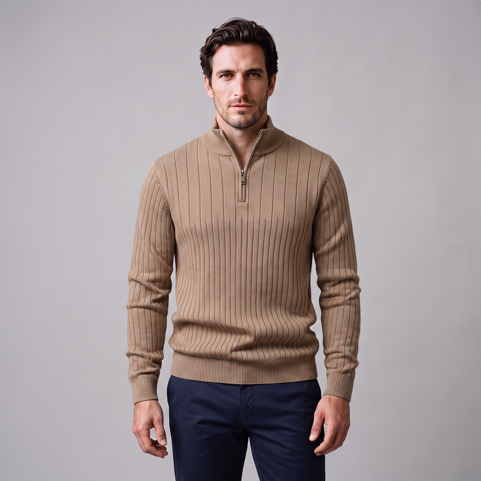 Maglione Uomo Mezza Zip in Cotone a Coste Zip Oro