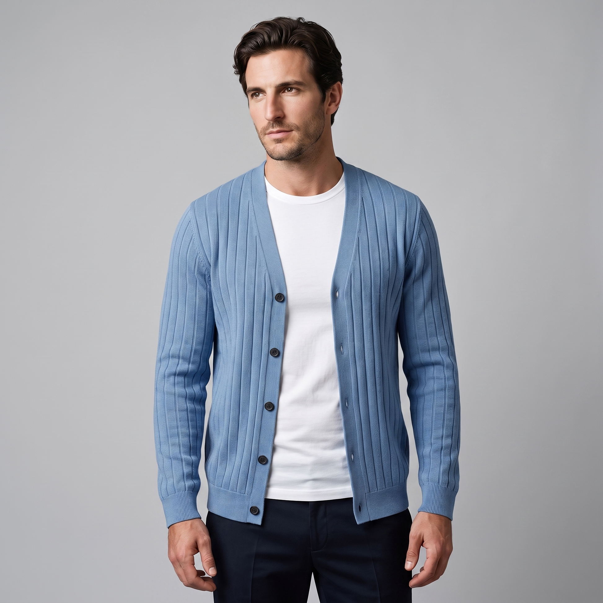 Cardigan Uomo Scollo a V in Maglia a Coste con Bottoni