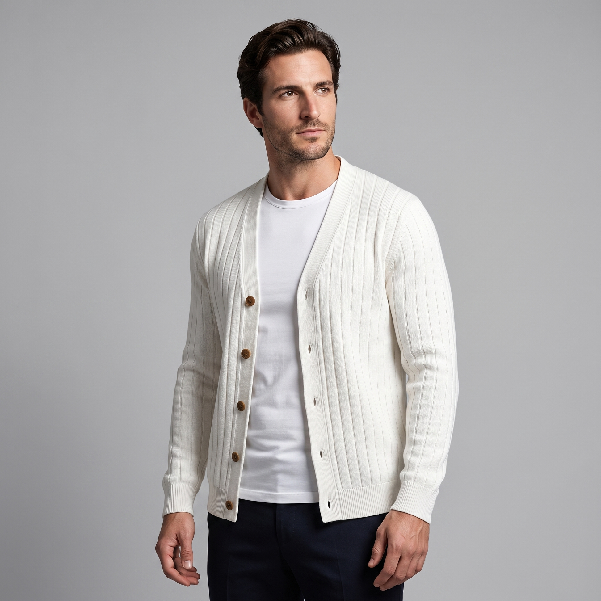 Cardigan Uomo Scollo a V in Maglia a Coste con Bottoni