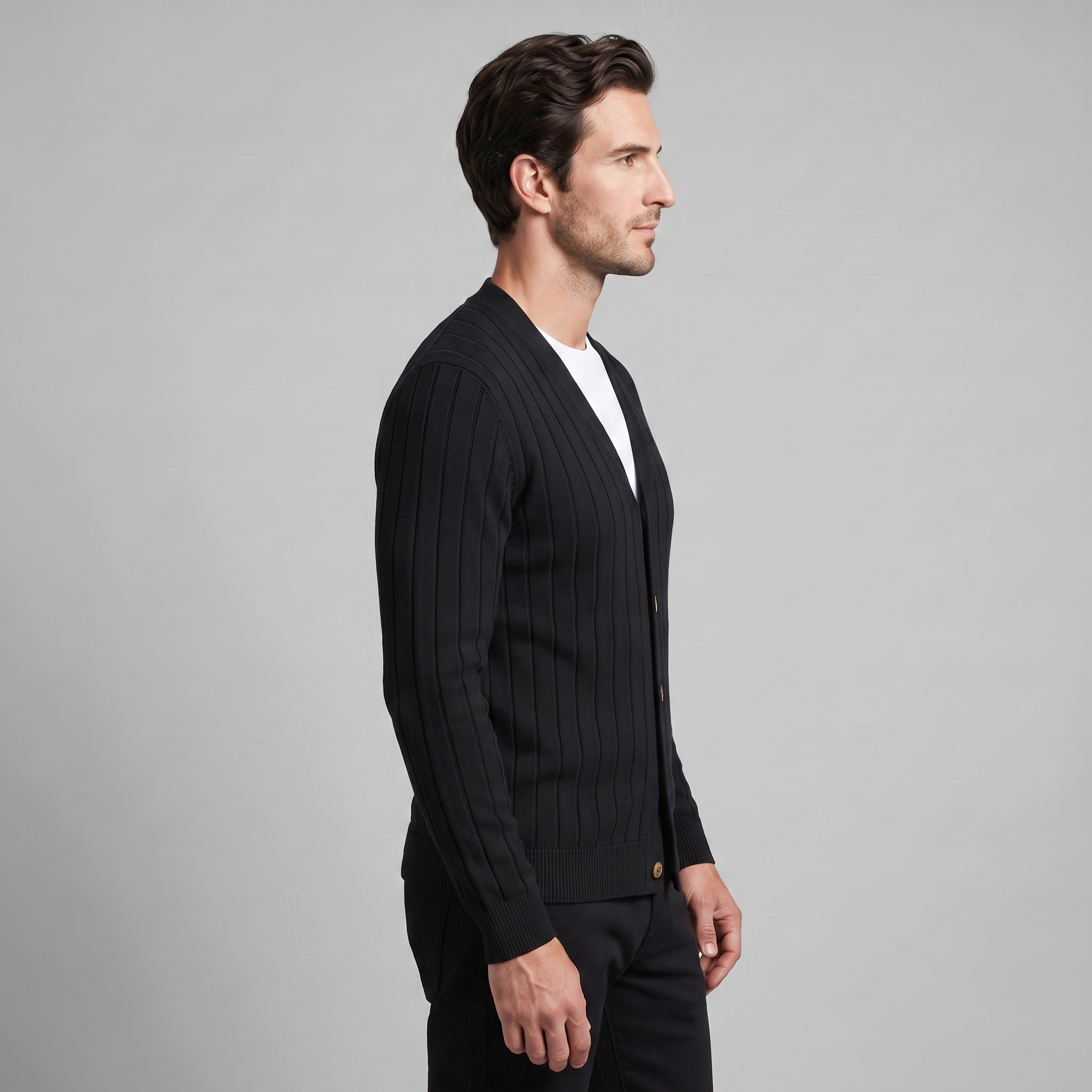Cardigan Uomo Scollo a V in Maglia a Coste con Bottoni
