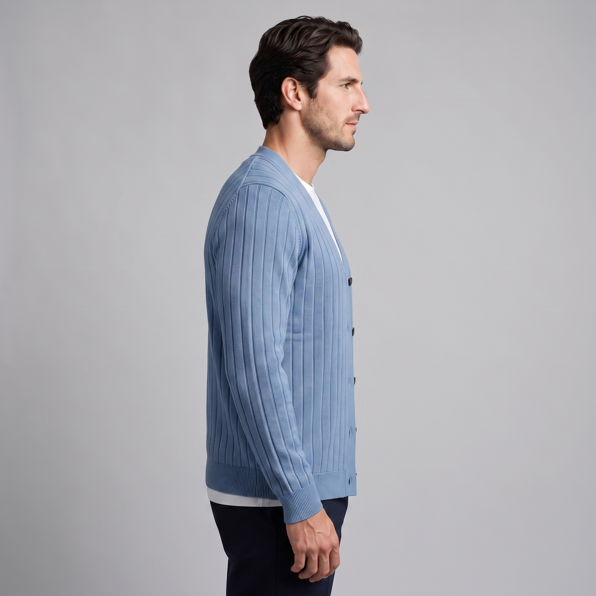 Cardigan Uomo Scollo a V in Maglia a Coste con Bottoni