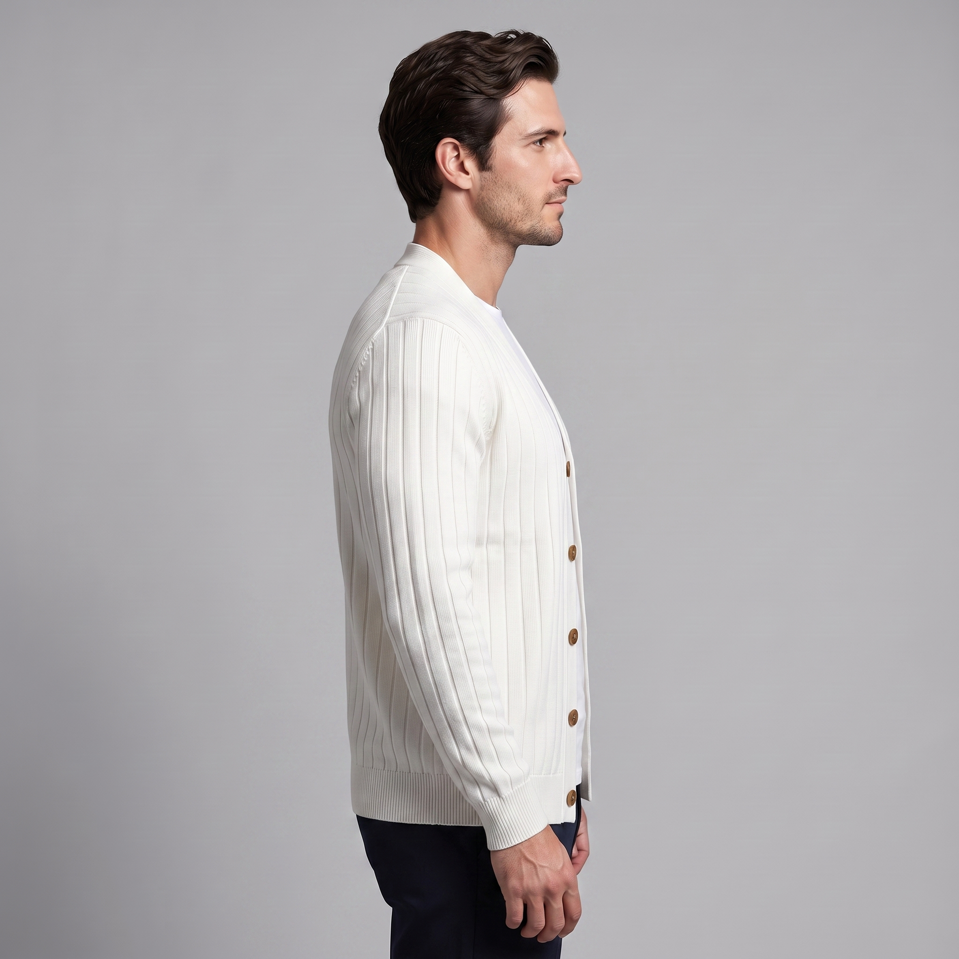 Cardigan Uomo Scollo a V in Maglia a Coste con Bottoni