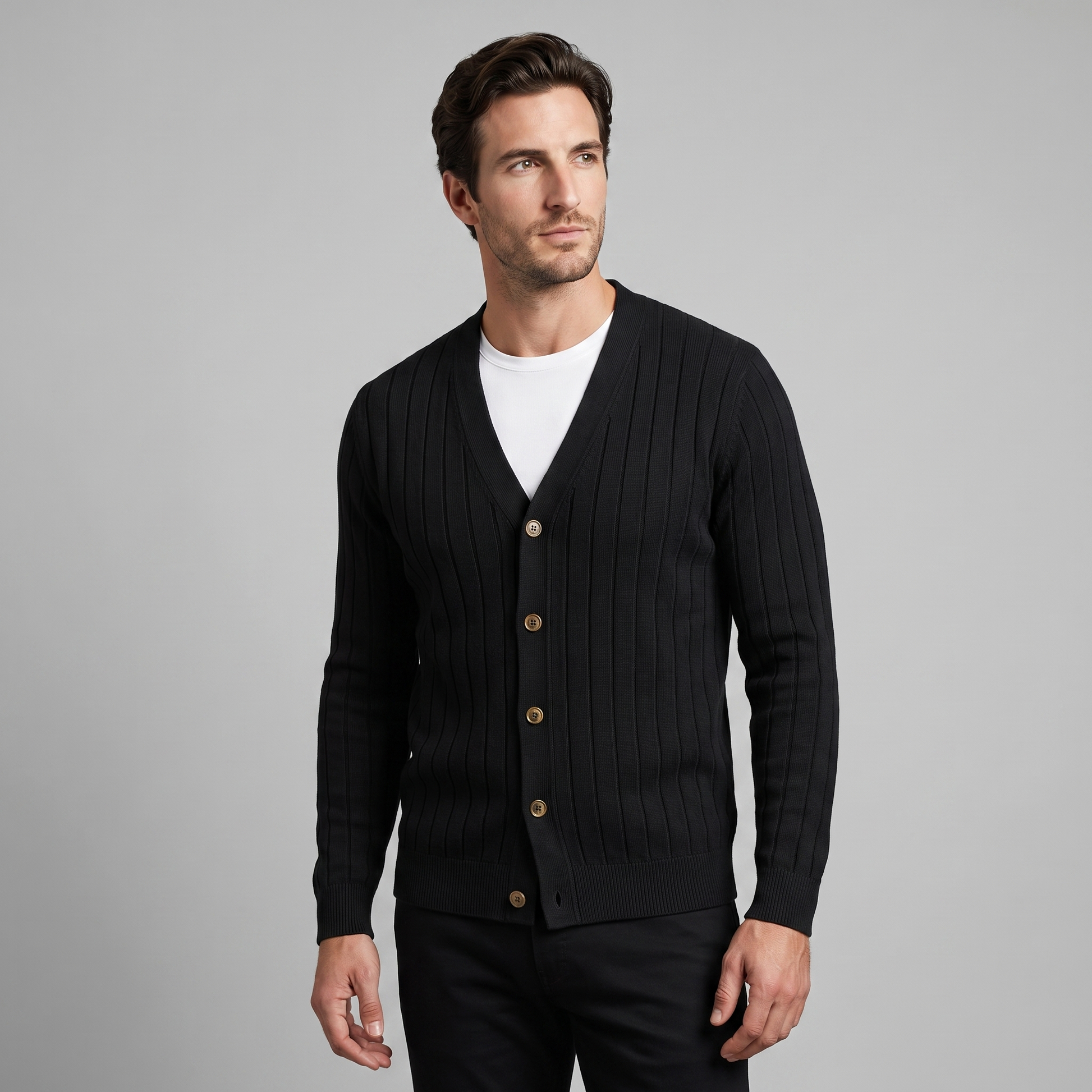 Cardigan Uomo Scollo a V in Maglia a Coste con Bottoni