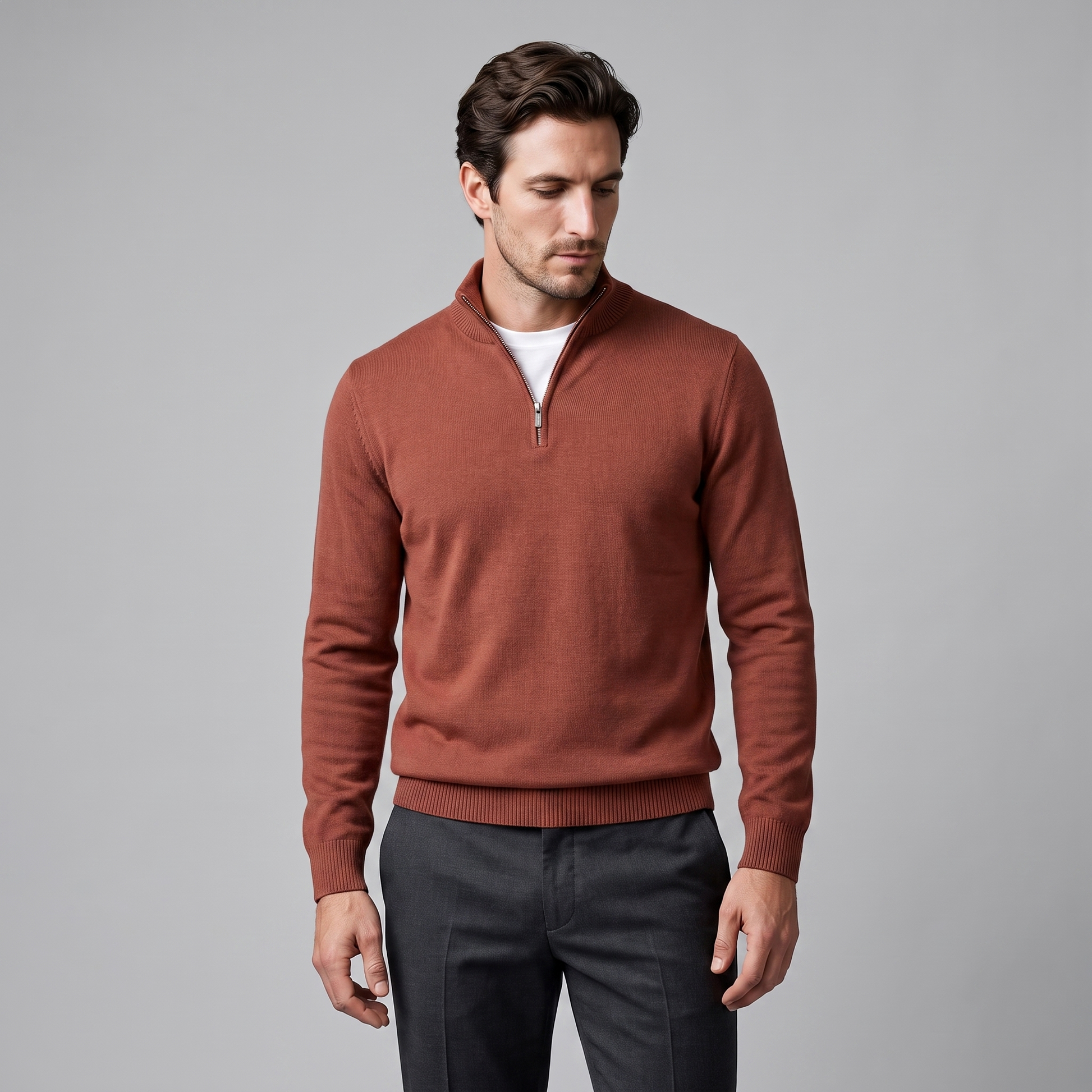 Maglione Uomo Slim Mezza Zip in Maglia Fine Collo Alto