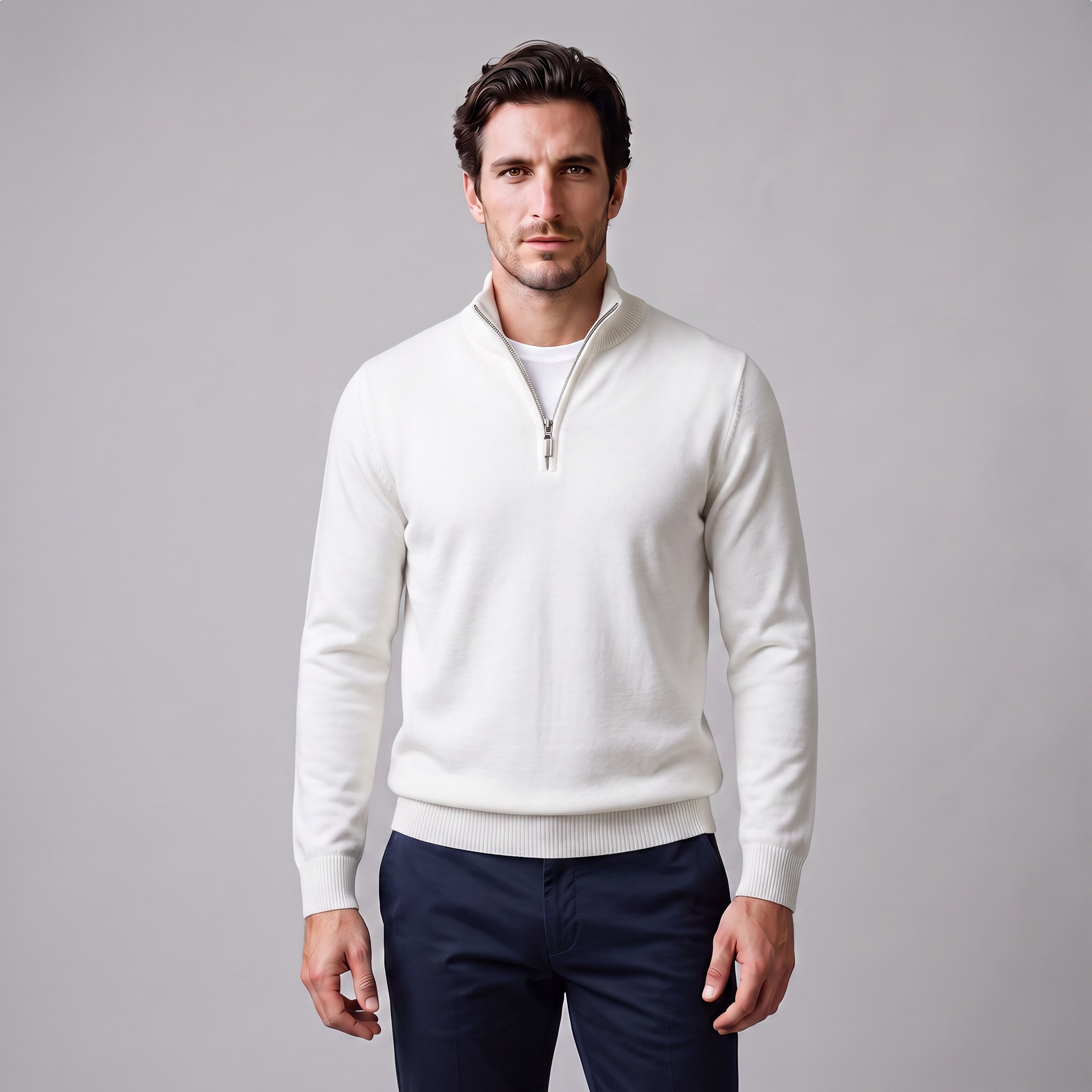 Maglione Uomo Slim Mezza Zip in Maglia Fine Collo Alto