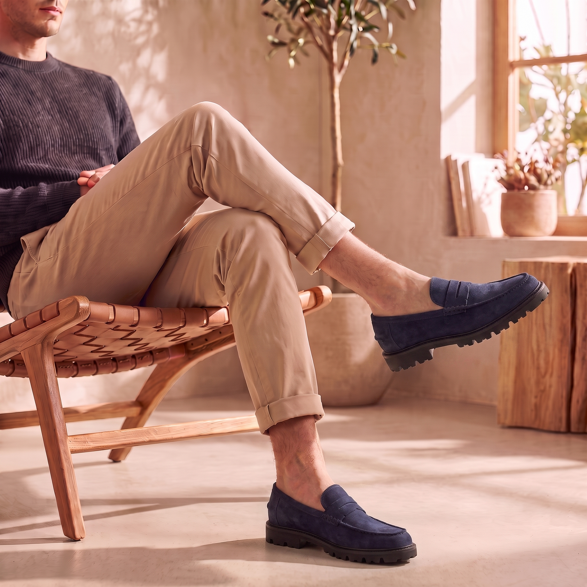 Mocassini Penny Uomo in Camoscio Blu Suola Chunky