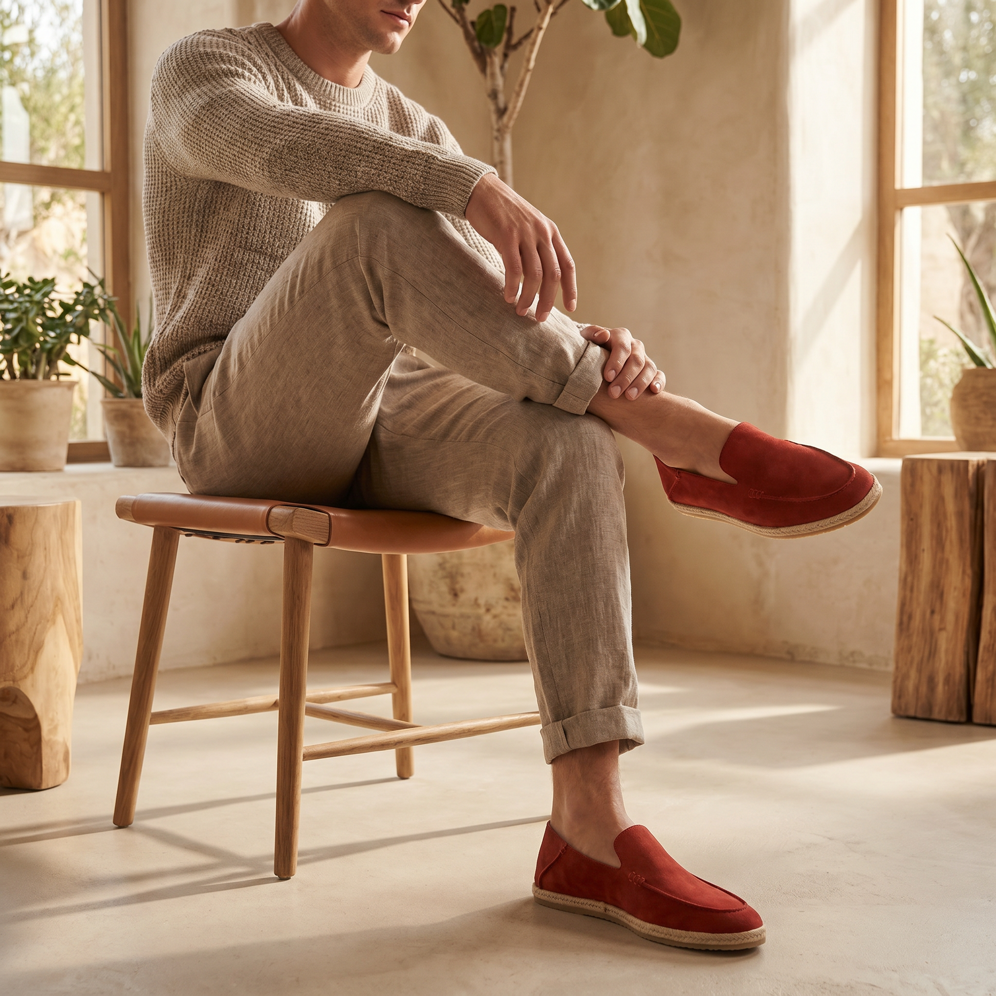 Mocassini Uomo in Camoscio Espadrillas Suola in Corda