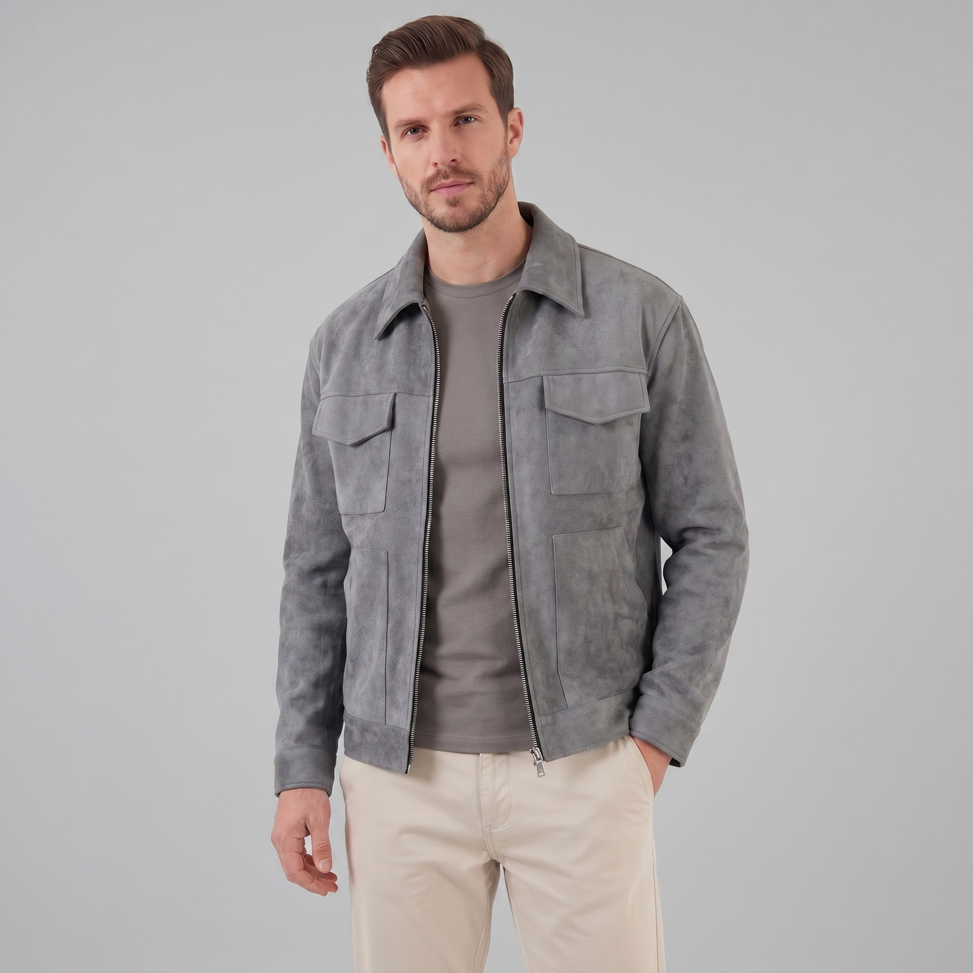 Giacca Uomo Scamosciata con Collo Zip Autunnale