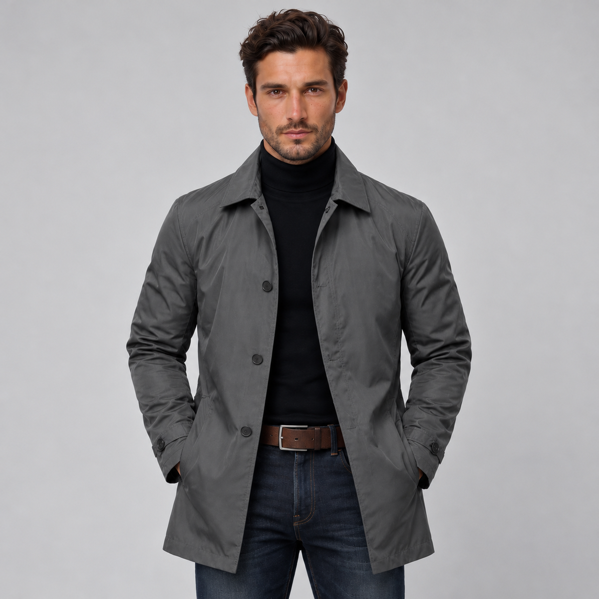 Cappotto Uomo Lungo Resistente all'Acqua Fodera Isolante Zip Nascosta