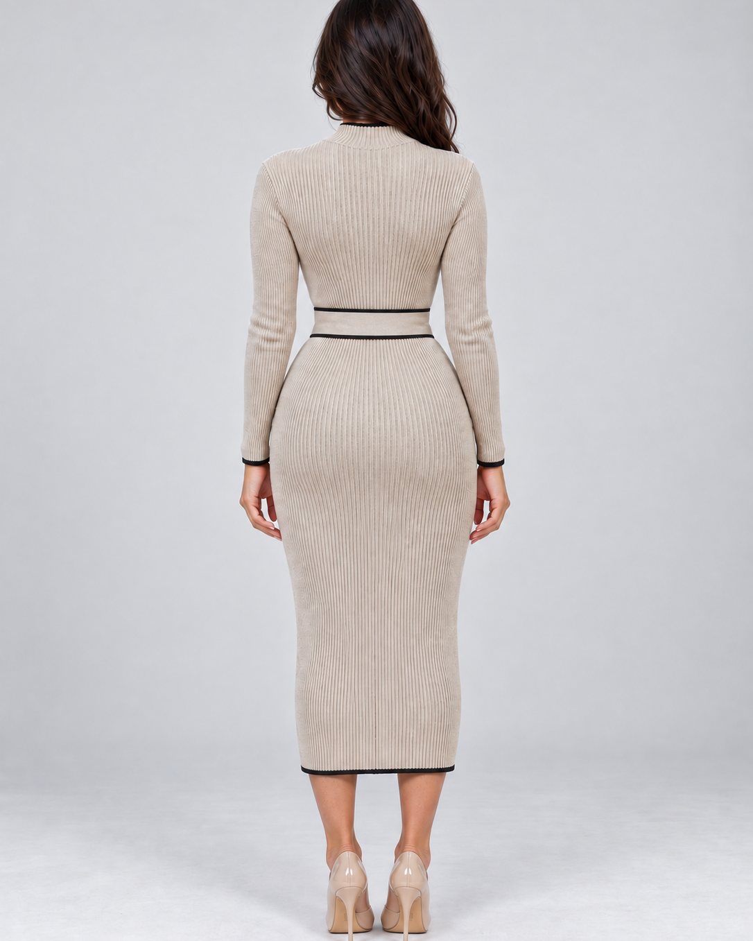 Abito Midi Donna in Maglia a Coste Collo Alto Cintura Removibile