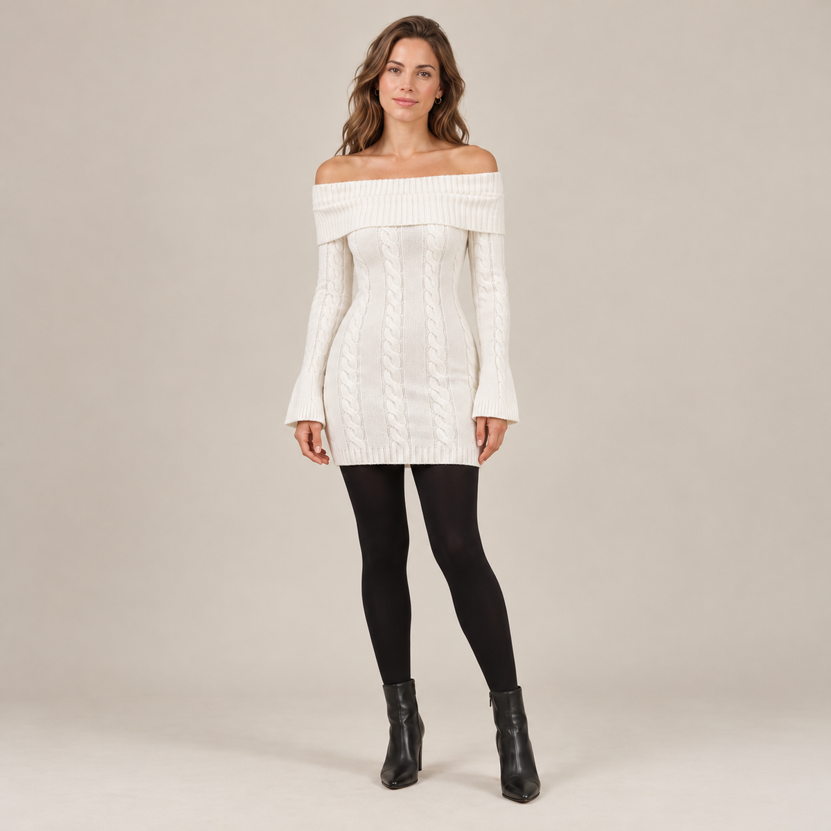 Abito Donna Corto in Maglia a Trecce Spalle Scoperte Bianco