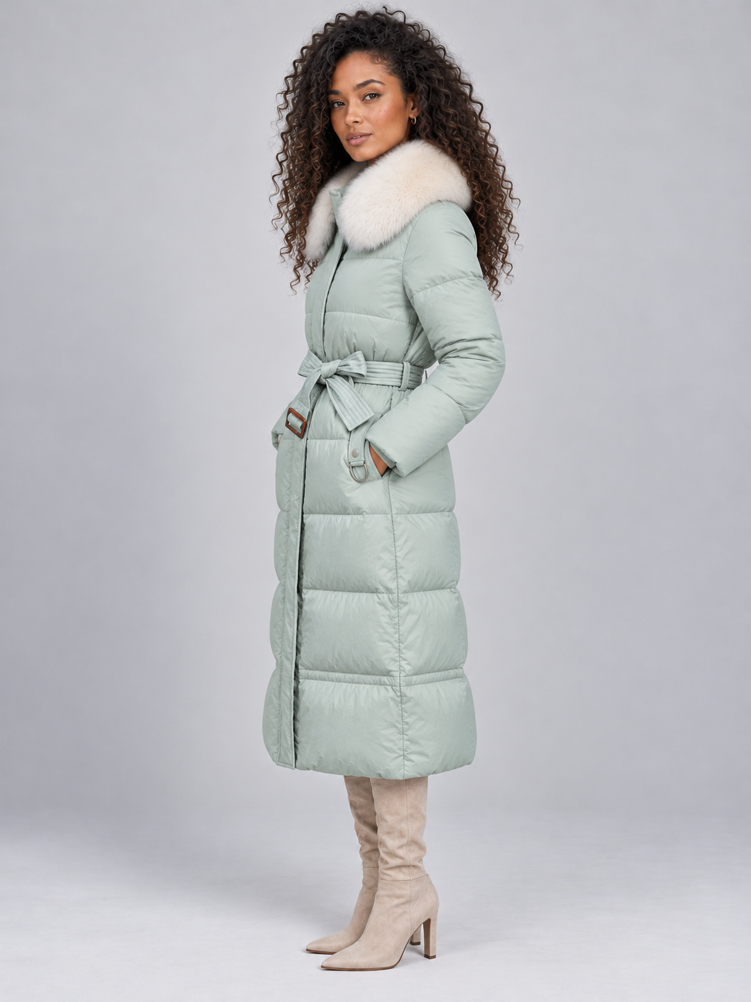 Cappotto Donna Imbottito Lungo Cappuccio Pelliccia Sintetica Cintura