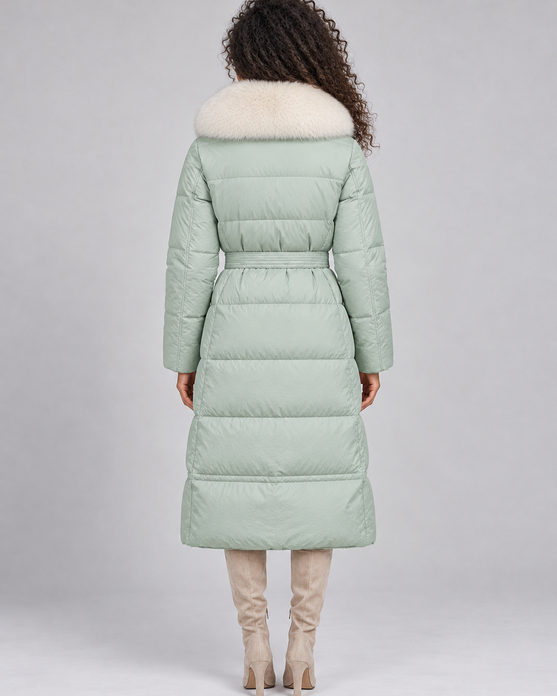 Cappotto Donna Imbottito Lungo Cappuccio Pelliccia Sintetica Cintura