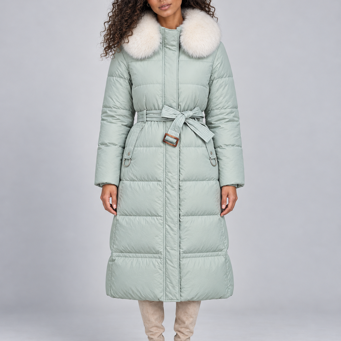Cappotto Donna Imbottito Lungo Cappuccio Pelliccia Sintetica Cintura