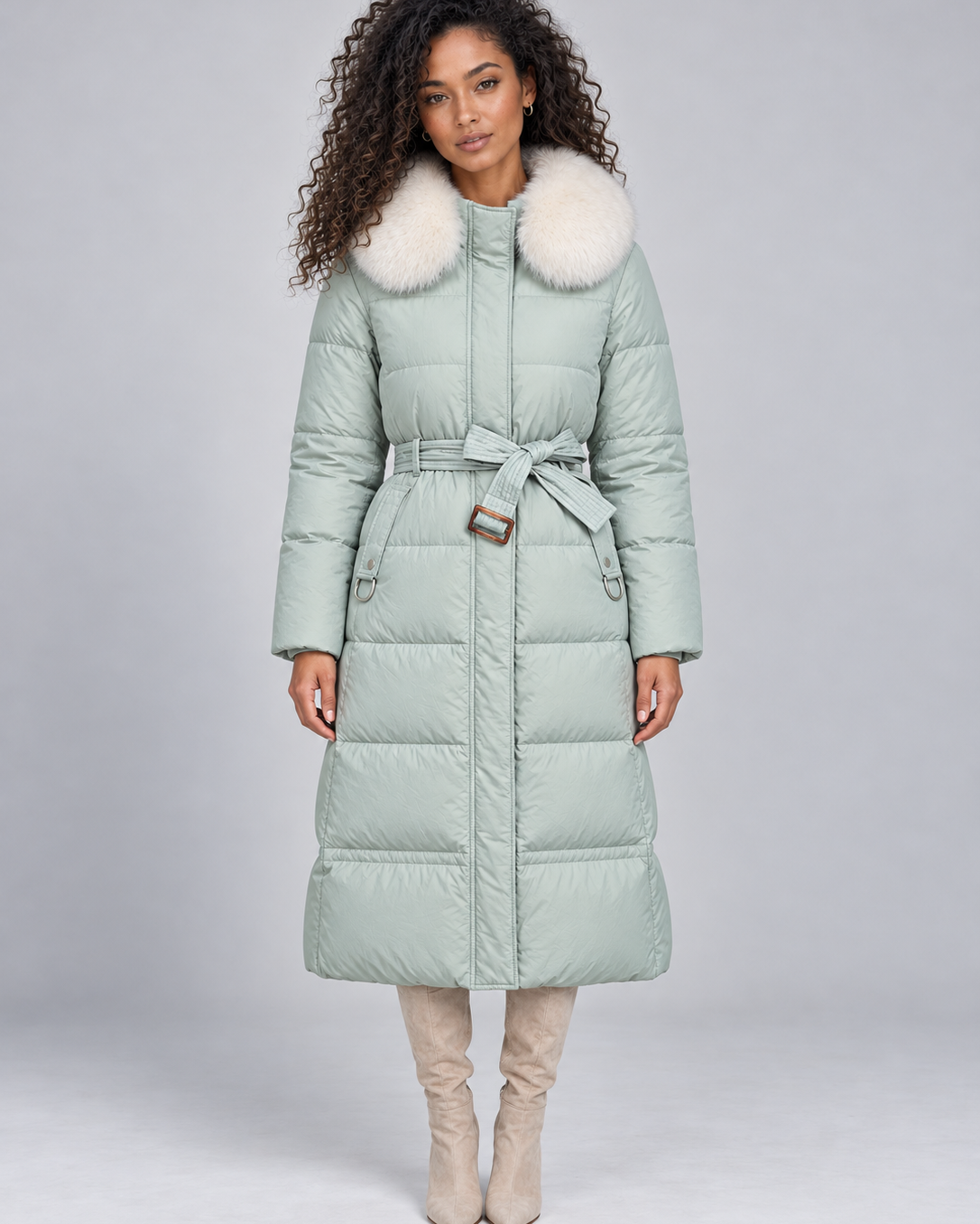 Cappotto Donna Imbottito Lungo Cappuccio Pelliccia Sintetica Cintura